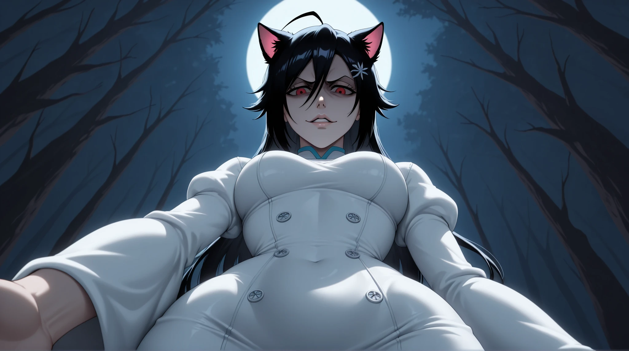 (sfw), portrait, solo focus, solo, close-up, (very dark forest background, night dark forest background, evil, detailed background:1.3), staring down at viewer, (parted lips:1.2), :1.2) eft_bleach_orihime, the thousand year blood war arc, 1girl white , junkotvvxl , red eyes, black hair, cat ears, blows, hair between eyes, long hair, , (Ahoge), straight bangs, hair between eyes,, solo, , tall, long hair, , white dress bleach, medium breasts, sleeves, hair ornament, , , medium breasts, wide hips, , big ass, narrow waist, looking down at viewer, from below, , trying to get a hold on viewer, holding viewer close, tight white dress, the thousand year blood war outfit orihime, bending towards viewer, reaching out to grope viewer, molesting viewer, , hairclip,  trying to crush viewer with her body, looking straight down at you with bad intentions, disgust, dark evil smile, , happy, from front,