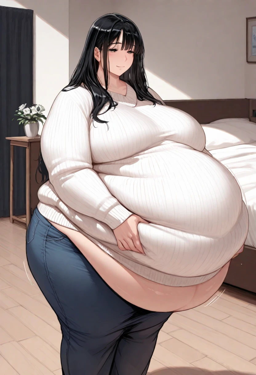 very long hair, smooth hair, blunt bangs, black hair, thicc, big belly, very big breasts, sfw, long white maid dress, long skirt, obese girl, big belly, full body shot, high heels,