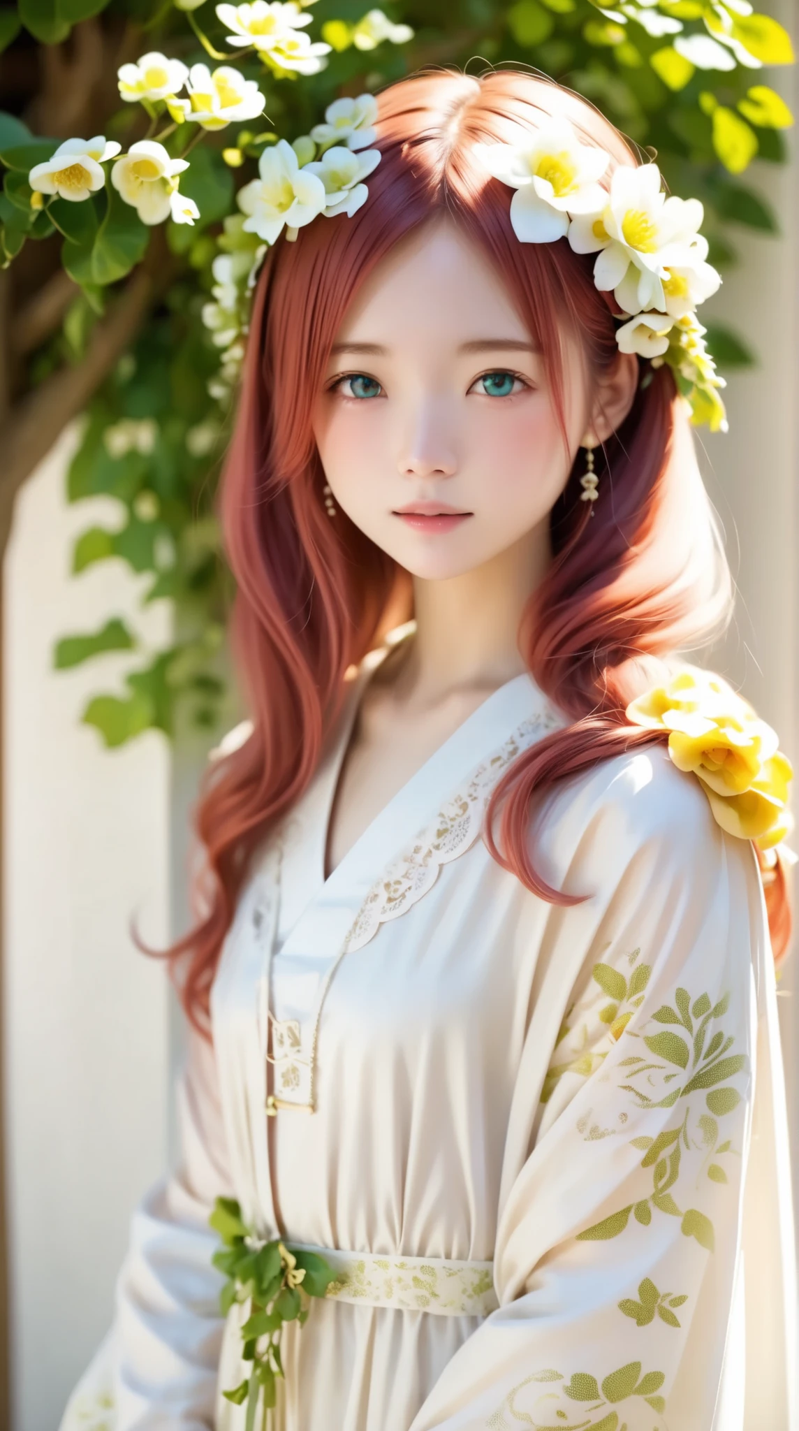 ((( simple configuration)))、(((The background is a white wall:1.2、ginkgo tree)))、 cowboy shooting、 looking sideways 、 staring at camera 、 perfect anatomy 、絵のようにbeautiful、sketch、 VERY DELICATE 、Cloud-like wall、、 floral 、 Delicate Description 、 abstract、 Overall bright colors 、Gentle colors、object、 Taisho Romance、( masterpiece 、 top quality、 top quality、 Official Art、beautiful水彩画, beautiful:1.2)