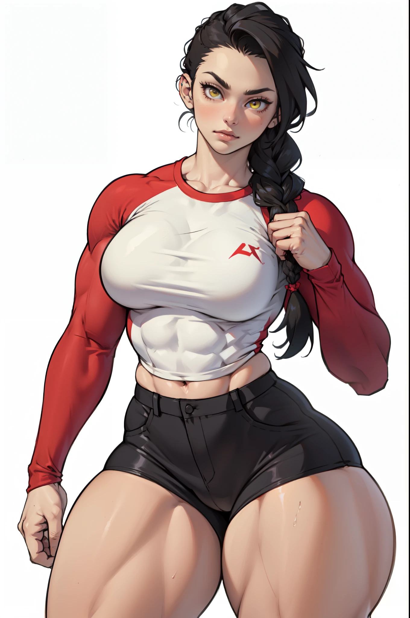 (((muscular girl large breasts thick))) pale skin black hair yellow eyes sweaty drop shadow waistup sad extremely long hair