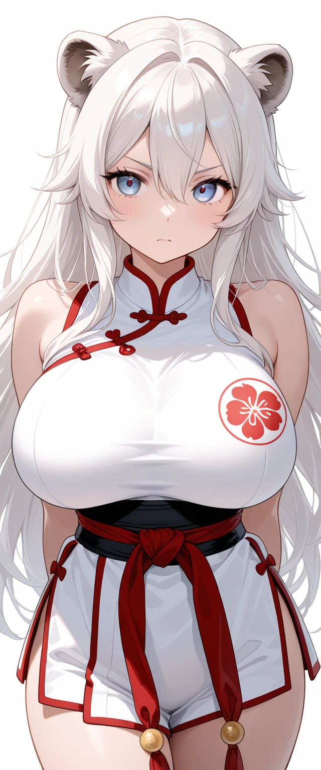 best quality, high resolution, best quality, high resolution, (huge breasts:1.2), 1girl, kasumi, white tunic, pelvic curtain, pink obi, cleavage, bridal gauntlets, elbow gloves, red choker,arms up