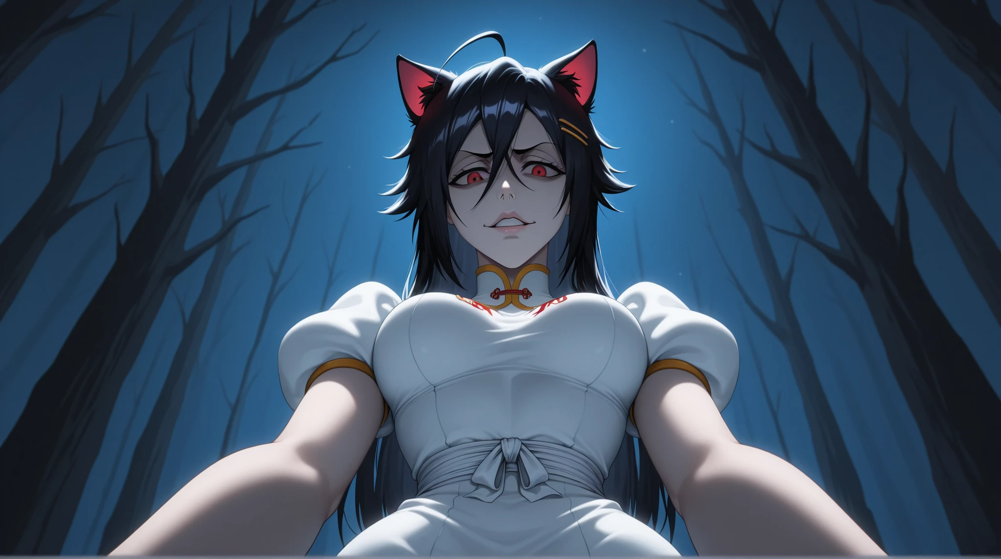 (sfw), portrait, solo focus, solo, close-up, (very dark forest background, night dark forest background, evil, detailed background:1.3), staring down at viewer, (parted lips:1.2), :1.2) eft_bleach_orihime, the thousand year blood war arc, 1girl white , junkotvvxl , red eyes, black hair, cat ears, blows, hair between eyes, long hair, , (Ahoge), straight bangs, hair between eyes,, solo, , tall, long hair, , white dress bleach, medium breasts, sleeves, hair ornament, , , medium breasts, wide hips, , big ass, narrow waist, looking down at viewer, from below, , trying to get a hold on viewer, holding viewer close, tight white dress, the thousand year blood war outfit orihime, bending towards viewer, reaching out to grope viewer, molesting viewer, , hairclip, trying to crush viewer with her body, looking straight down at you with bad intentions, disgust, dark evil smile, , happy, from front,
