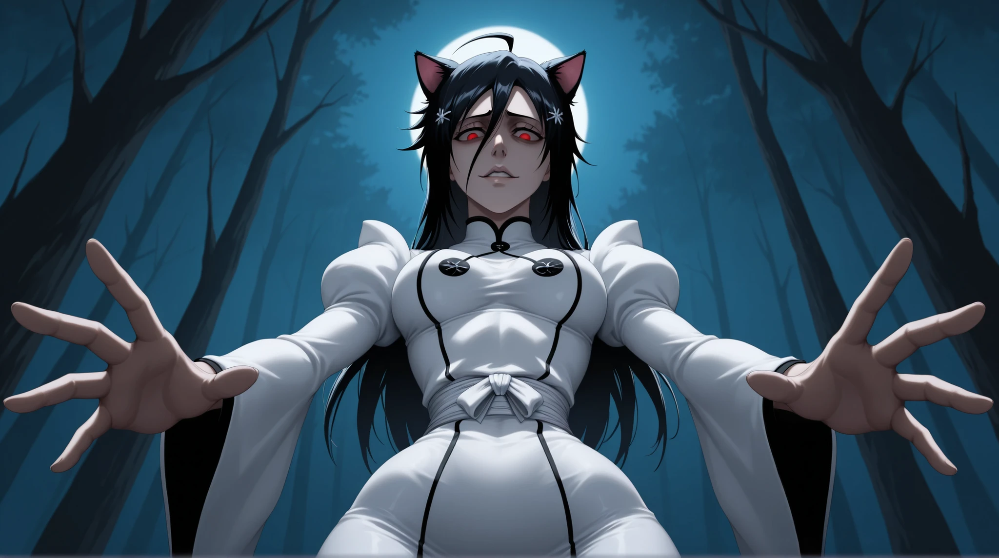 (sfw), portrait, solo focus, solo, close-up, (very dark forest background, night dark forest background, evil, detailed background:1.3), staring down at viewer, (parted lips:1.2), :1.2) eft_bleach_orihime, the thousand year blood war arc, 1girl white , junkotvvxl , red eyes, black hair, cat ears, blows, hair between eyes, long hair, , (Ahoge), straight bangs, hair between eyes,, solo, , tall, long hair, , white dress bleach, medium breasts, sleeves, hair ornament, , , medium breasts, wide hips, , big ass, narrow waist, looking down at viewer, from below, , trying to get a hold on viewer, holding viewer close, tight white dress, the thousand year blood war outfit orihime, bending towards viewer, reaching out to grope viewer, molesting viewer, , hairclip, trying to crush viewer with her body, looking straight down at you with bad intentions, disgust, dark evil smile, dark presence, happy, from front,