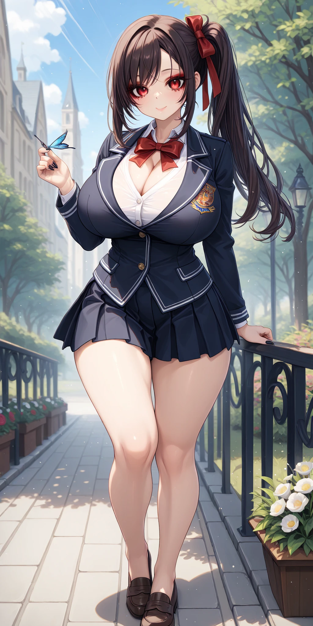 Face Focus , ((Highest quality)), ((Tabletop)), Perfect Face, （((Black knee-highs))) ,   Official Art,Black knee-highsソックス,Beautiful Face,smile,Standing posture,black tights,(((Thick thighs))),(((One Woman))),short hair,Black Hair,Plump,Inside the room,uniform,((((Black gloves)))),tie,Earrings,((Large Breasts)),Standing posture,valley,mini skirt,blue sky,Outdoor,garden,
