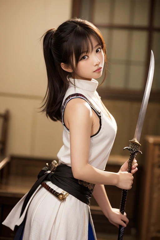 (top quality, masterpiece), 1girl, intricate details, (realistic lighting with shades), huge file size, high resolution, atmosphere, mystical, romanticism, literature, art, fashion, elegant, realistic, (perfect anatomical depiction of the human body), teenage girl is doing Japan sword demonstration in Japan schoolgirl outfit, (beautiful posture of upper step spinning kick holding a sword), Serious expression as if in battle, The girl is a brunette Japan with pigtails with whitening skin blue eyes and partially braided hair, japanese, (very big), (super big), (thin waist), (fleshy big buttocks hanging down), (thin thighs), (baby face), (crimson ribbon tie with smooth thin fabric neat white blouse), ( blouse breasts are very cramped), (no bra), (dark areolas), (blouses crush large breasts and spread to the sides), (dark blue tartan checked micromini pleated skirt), (skirt length is short enough to show the buttocks), (white and large panties covering the buttocks), (no skin exposed on the upper body)), (neat clothes with all buttons fastened), (beautiful big blue eyes), ( Thin and clear double eyelid lines in the eyes), (Glossy, plump and brightly toned tear bags under the eyes), (Light blue iris), (Some highlights on the iris and pupil), (red representation of the conjunctiva), (Long eyelashes that are well visible), (Blouse with super big), (skin and hair that sparkle in the sun), Daytime street shot, cameltoe,
