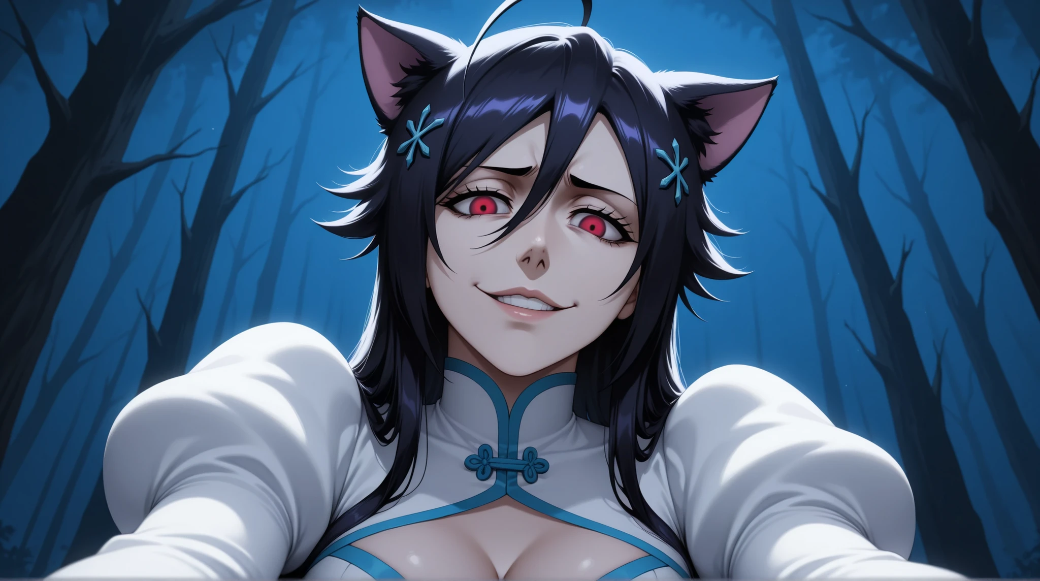 (sfw), portrait, solo focus, solo, close-up, (very dark forest background, night dark forest background, evil, detailed background:1.3), staring down at viewer, (parted lips:1.2), :1.2) eft_bleach_orihime, the thousand year blood war arc, 1girl white , junkotvvxl , red eyes, black hair, cat ears, blows, hair between eyes, long hair, , (Ahoge), straight bangs, hair between eyes,, solo, female rapist, tall, long hair, , white dress bleach, medium breasts, sleeves, hair ornament, bare stomach, naval, medium breasts, wide hips, thick thighs, big ass, narrow waist, looking down at viewer, from below, she wants to rape viewer, trying to get a hold on viewer, holding viewer close, tight white dress, the thousand year blood war outfit orihime, bending towards viewer, reaching out to grope viewer, molesting viewer, cleavage, hairclip, purple eyes, dominant, trying to crush viewer with her body, looking straight down at you with bad intentions, disgust, dark evil smile, dark presence, happy, from front,