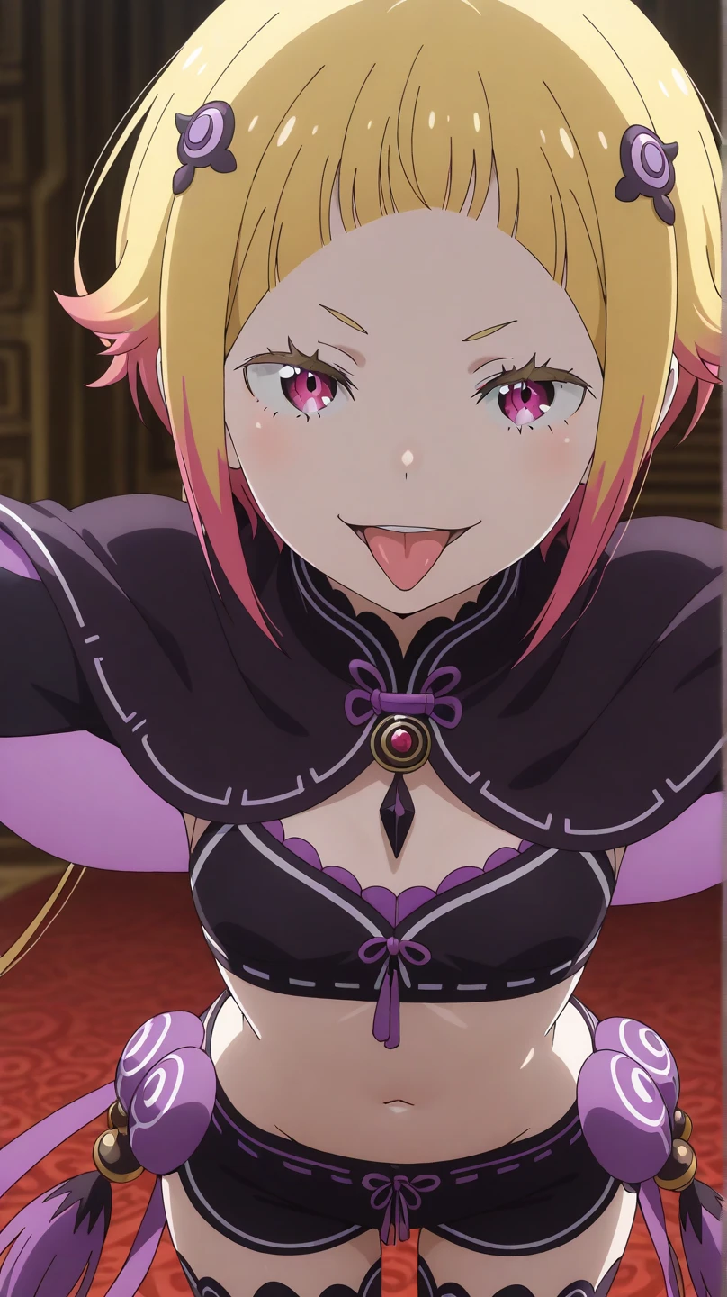 carmillavanstein, <lora:carmilla vanstein s1-lora-nochekaiser:1>,
carmilla vanstein, long hair, blonde hair, (red eyes:1.3), hair between eyes, ahoge, hair bow, pointy ears, smile, smug,
BREAK dress, cleavage, bare shoulders, jewelry, earrings, detached sleeves, elbow gloves, strapless, strapless dress, purple dress,
BREAK indoors, castle,
BREAK looking at viewer, (cowboy shot:1.5), dynamic pose,
BREAK <lyco:GoodHands-beta2:1>, (masterpiece:1.2), best quality, high resolution, unity 8k wallpaper, (illustration:0.8), (beautiful detailed eyes:1.6), extremely detailed face, perfect lighting, extremely detailed CG, (perfect hands, perfect anatomy),