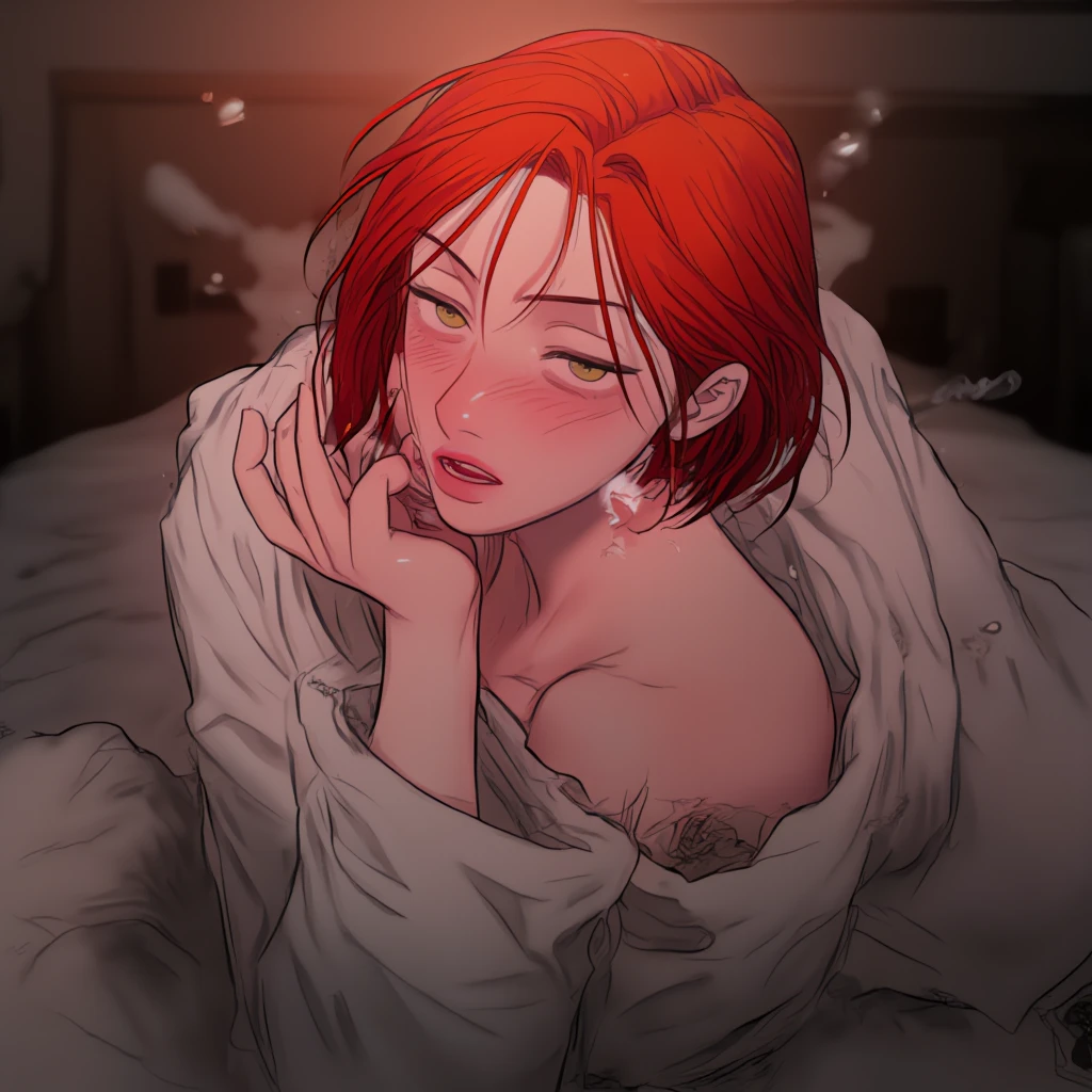 (masterpiece, best quality), photorealistic, cinematic, anime girl, 1 girl, ((full-body shot:1.5)), head to toe visibility, perfect anatomy, curvaceous body, alluring, perfect eyes, ((textured Pixie cut haircut:1.5)), ((lips slightly parted:1.5)), perfect hands, medium-sized breasts, round ass, long round legs, in peaceful slumber, ((the woman with fiery red hair sleeps while lying on the side serenely:1.5)), ((her hair cascades over the pillow:1.5)), adding a touch of warmth to the scene, she's adorned in a delicate nightgown, its fabric as red as the richest roses, a pattern of intricate golden vines dances across the fabric, intertwining like a secret garden, a plush blanket drapes gently over her, its hue a deep and calming burgundy, creating a soothing contrast with her vibrant hair, extremely detailed Artgem, ig model, artgem, alena aenami and artgem, krenz cushart and artgem, artgem and atey ghailan