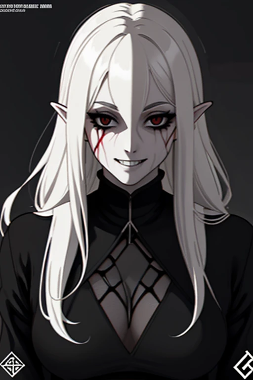Pale, Creepy cultist, dark elf, low dim lighting, dark chamber, smirk, blood on her face,black background
