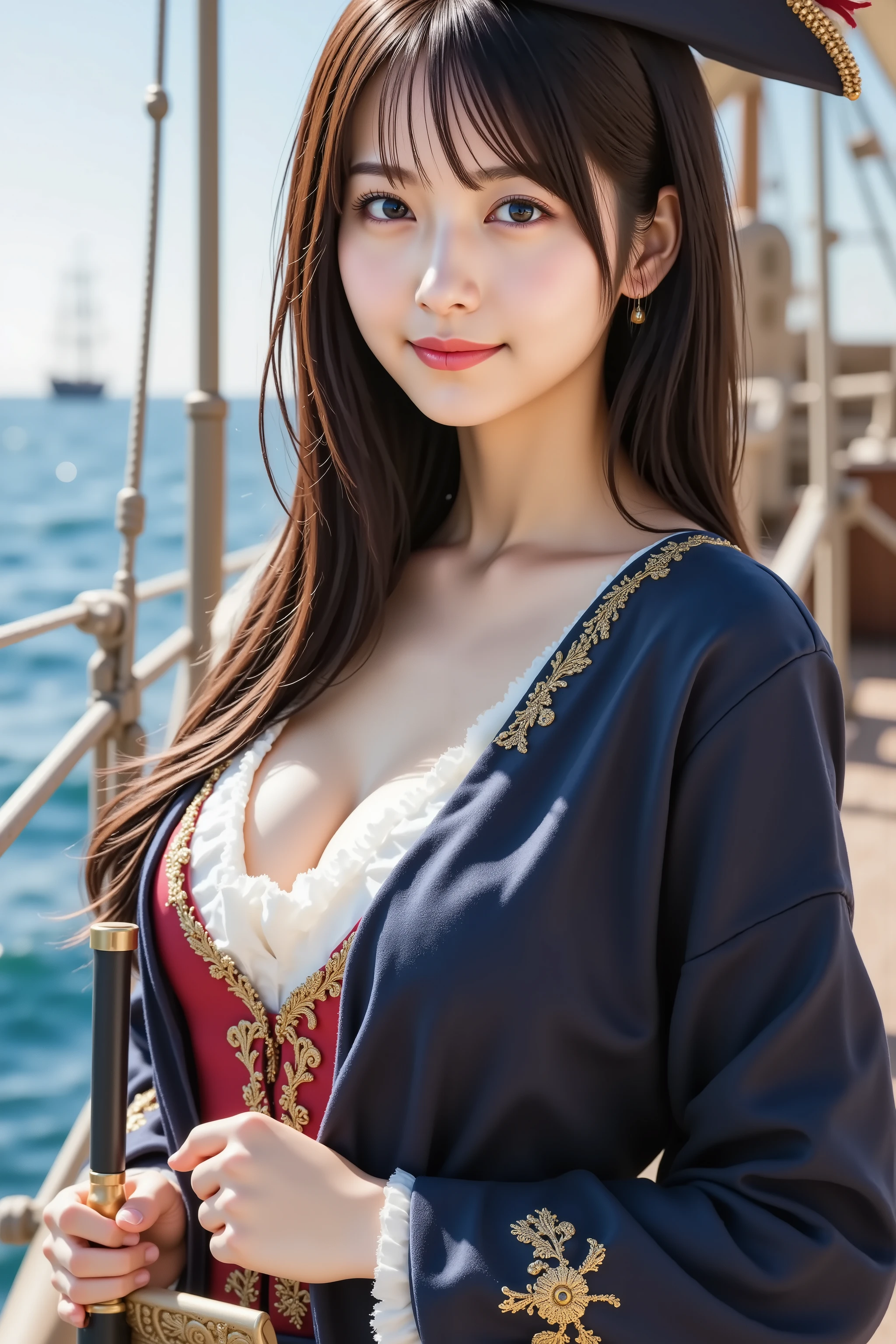 Big breast, A medium close-up shot, ultra-realistic digital illustration of a beautiful young Asian woman dressed as a fierce pirate captain aboard a grand pirate ship. Her long, flowing black hair is tousled by the salty sea breeze, with soft bangs framing her delicate yet commanding face. Her sun-kissed skin glows under the golden light, and her large, expressive dark brown eyes shimmer with confidence. Her well-groomed eyebrows arch slightly, while her full, pink lips curl into a knowing smirk.
She wears an ornate pirate captain’s outfit, featuring a white ruffled blouse tucked into a deep-red waistcoat with gold embroidery. Over her shoulders, a navy-blue pirate coat with golden trim adds to her commanding presence. A wide leather belt with a brass buckle cinches her waist, and a cutlass hangs from her hip. A tricorn hat with golden accents and an exotic feather sits atop her head.
In her right hand, she grips the hilt of her cutlass, its polished steel glinting in the sunlight. In her left, she holds a weathered treasure map, its edges fluttering in the wind.
The background showcases a grand pirate ship, with towering masts and billowing sails. The vast ocean stretches beyond, waves crashing against the hull. A distant silhouette of another ship hints at an upcoming battle or treasure hunt. Sunlight dances on the water, while seagulls circle overhead.
Rendered in ultra-detailed 8K resolution, the image captures every fine detail, from the embroidery on her coat to the glistening sea spray, creating an immersive pirate adventure.