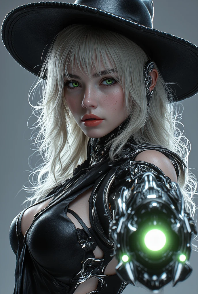 RAW photo, one person, skin invisible, front shot, bustup portrate, witch, Sensual beautiful woman with round cheeks, realistic facial expression, pale skin, wavy white hair, long hair, witch hat, white skin, slender body, wearing black witch robe with silver decoration, confident expression, (magic mysterious background, lightning, glowing particles, ethereal fog, faint darkness), high saturation, film light, rim light, best shadows, pointing here, background is urban ruins, (very detailed skin: 1.2), 8k UHD, DSLR, soft lighting, high quality, film particles, fujifilm XT3