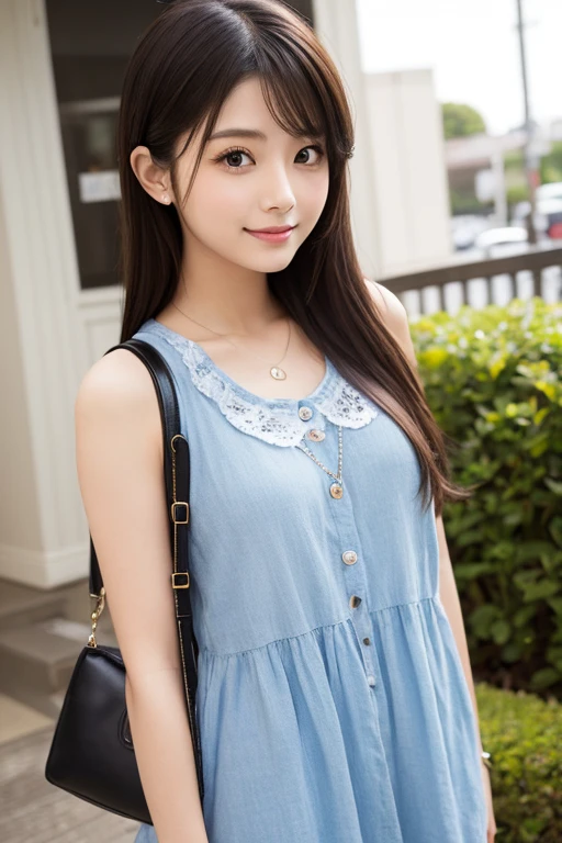 masterpiece, best quality, illustration, ultra-detailed, finely detailed, high resolution, 8K wallpaper, perfect dynamic composition, beautiful detailed eyes, summer blouse setup clothes, medium hair, small breasts, natural color lips, bold sexy poses, smile, Harajuku, 18 years old girl, cute, sexy shot, looking at camera
