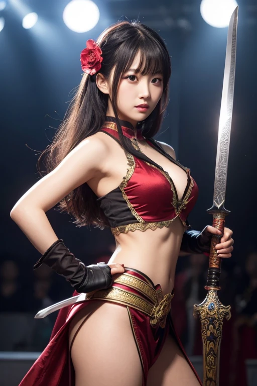 20Year、beautiful,、Cute Girls、warrior、dragon tattoo on arm、Hold the Japanese sword in front of your body、Draw and hold the sword、Sharp eyes、Red blood on cheeks、