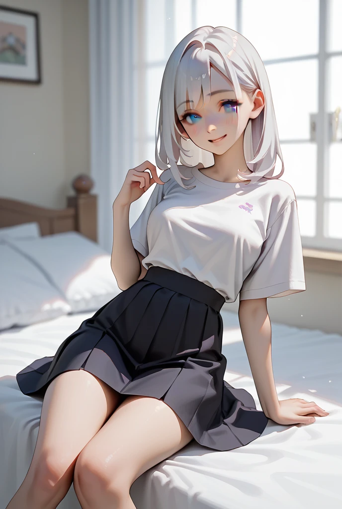 ((1 girl)),ray tracing,(dim lighting),[detailed background (bedroom)),((silver hair)),((silver hair)),(Fluffy silver hair, plump slender girl) with high ponytail))) Avoid golden eyes in the ominous bedroom (((Girl wears a white shirt, black wrinkled skirt with black transparent pantyhose), showing a delicate slim figure and graceful curves, correct limbs, sitting on the bed