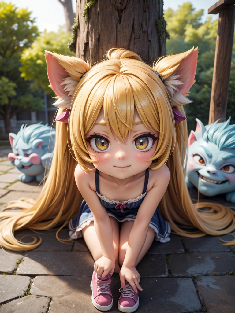 She is a tiger beastman、Yellow eyes、Big eyes、Beautiful skins、Hairless pubic area、Mega Mini、tchibi、cute smile face、