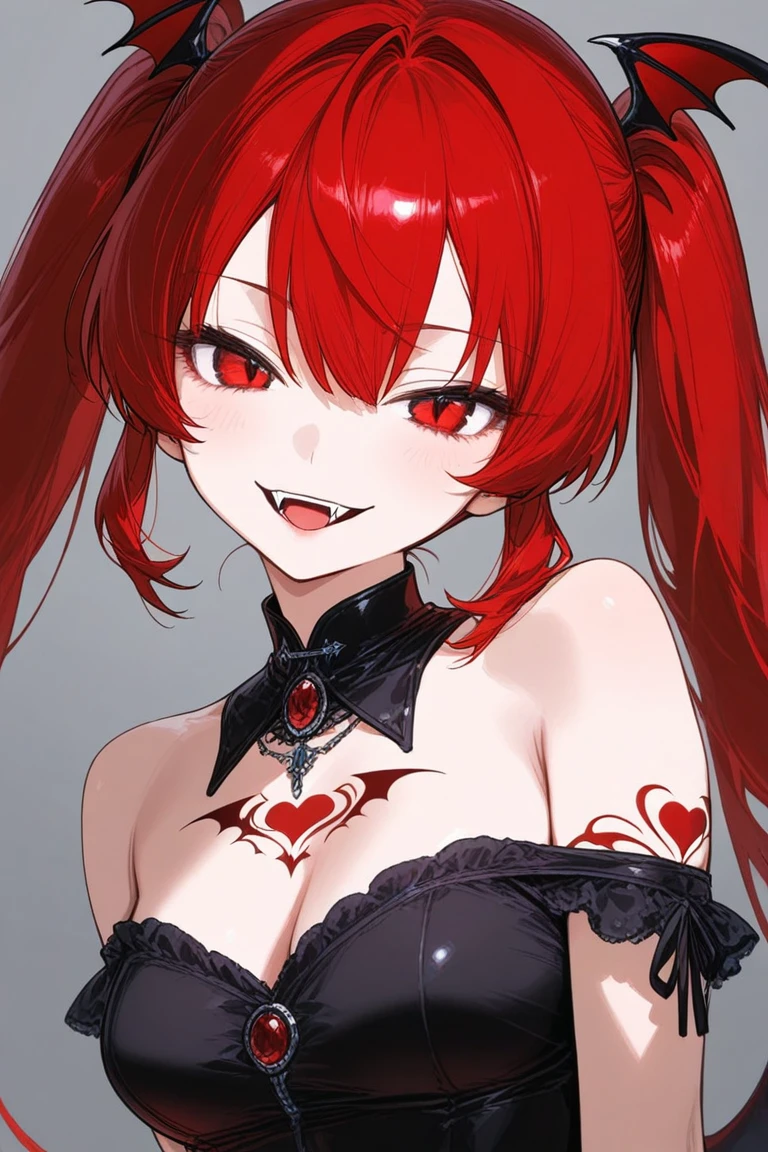 a girl with red tinted hair, half-length statue, 4k hd, face expressionless, anime style, sideface, white background, dark, eerie, smiling, dark angel, deceiving, smug look