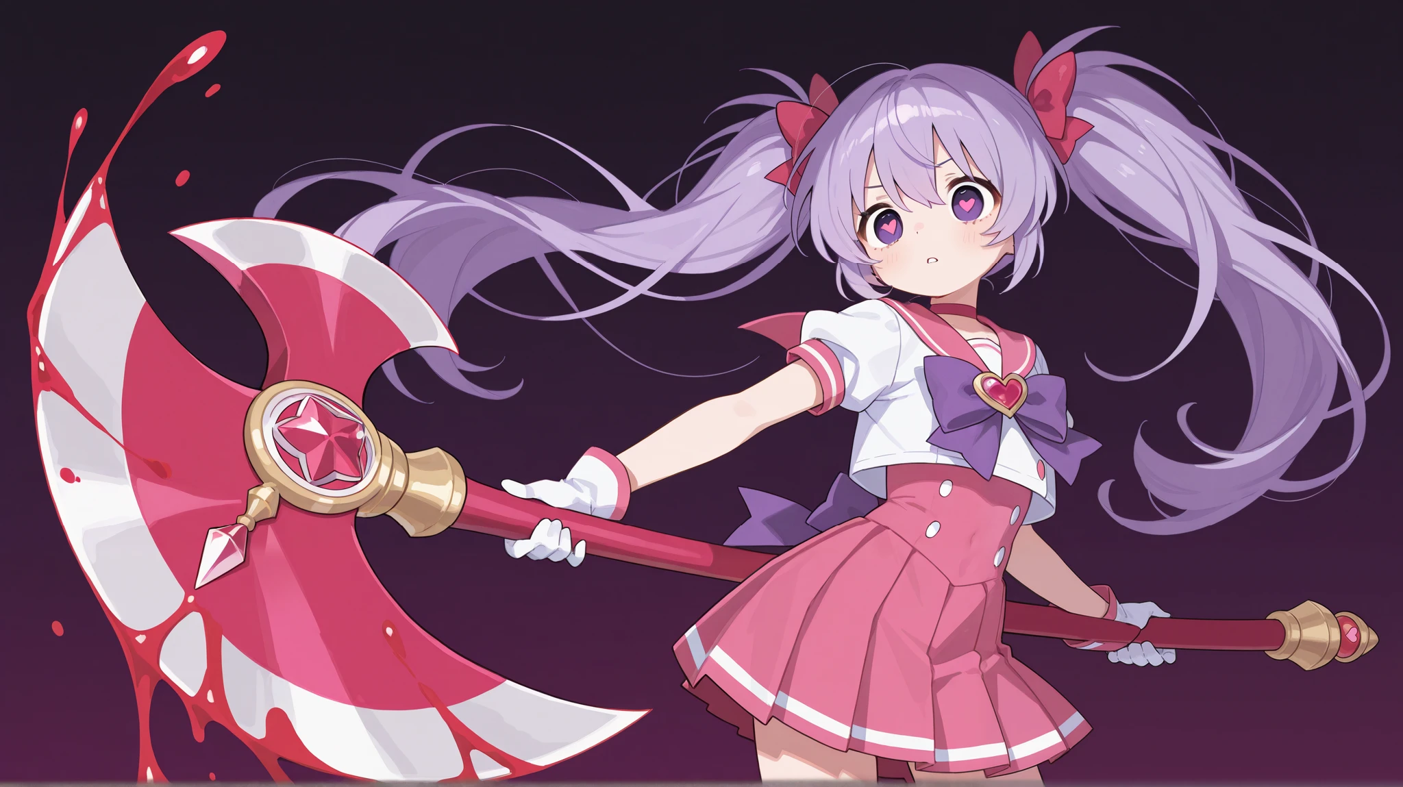 one girl。the magical girl has a weapon with an axe motif。Very large axe 。The handle part of the axe is pink。axe with a heart mark on it is frighteningly big。The Puella Magi costume has a pink sailor suit as a motif。pleated skirt。hair with wide open eyes is purple straight twin tails、The eyes are also purple、no expression、Lots of return blood、He's swinging an axe down on a monster。
