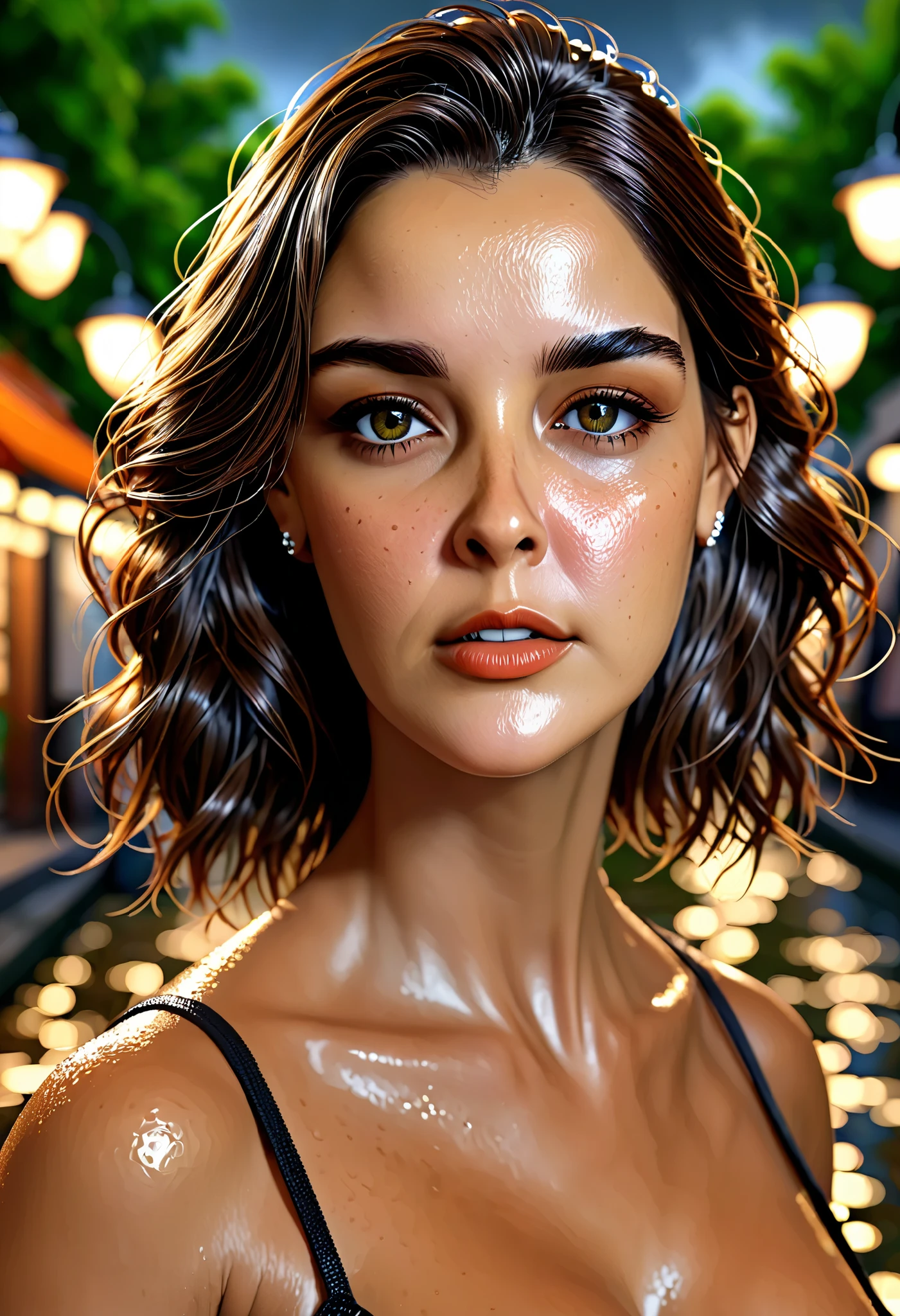 sfw,(obra-prima, Best quality:1.2), 1 , Sozinho, na chuva, wet task, big breasts, beautiful and detailed eyes, beautiful and detailed lips, extremely detailed brown face and eyes, long lashes, realista, photorealist, photo-realistic:1.37, 8k, HDR, studio lighting , ultra-fine painting, sharp focus, physically based rendering, extremely detailed description, professional, cores vivas, Bokeh effect, retrato