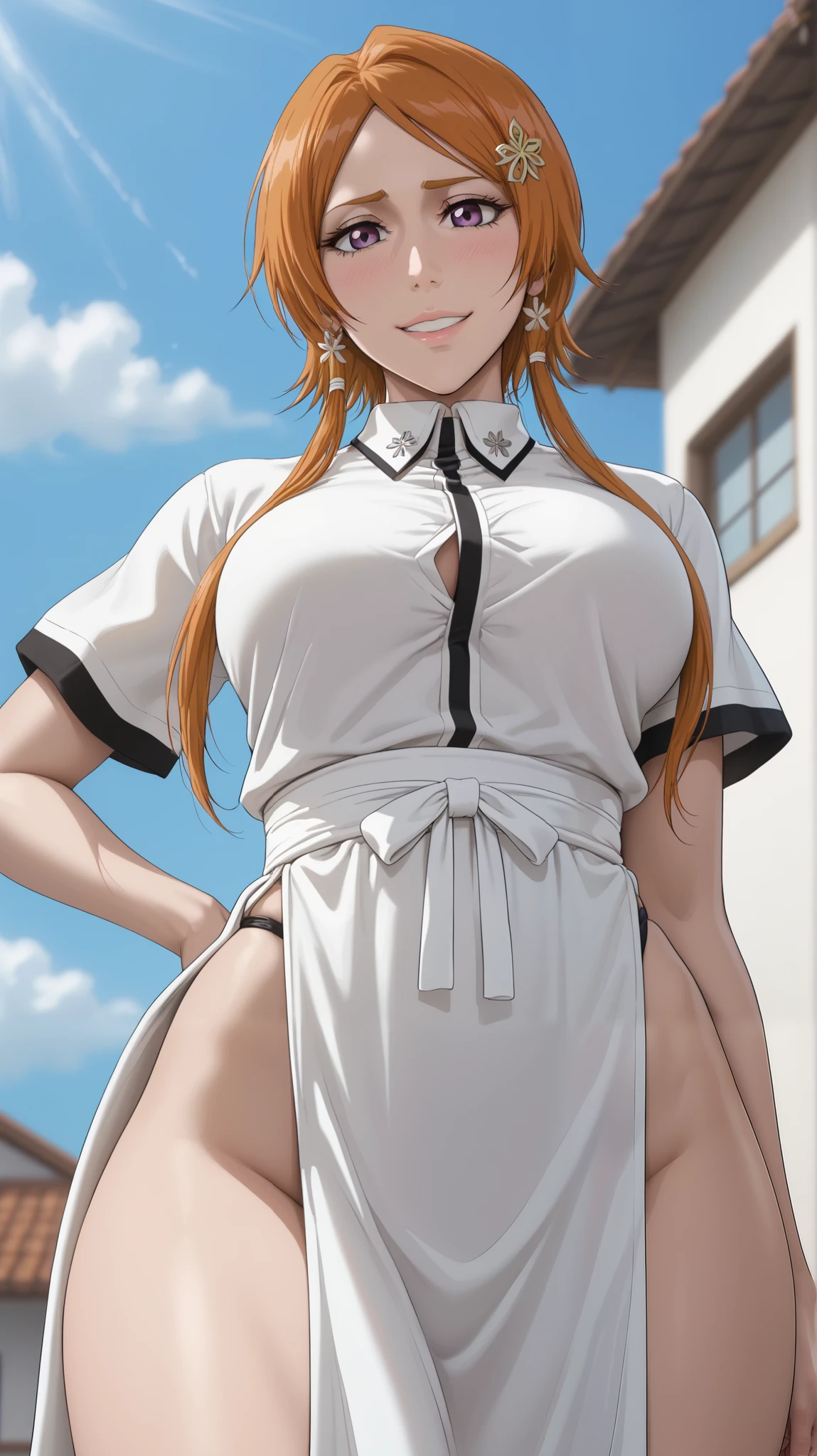 score_9, score_8_arriba, score_7_arriba, score_6_arriba, score_5_arriba, score_4_arriba,   source  _anime, Orihime Inoue, Rukia Kuchiki,  Rukia Kuchiki from Bleach  , Label 1, Label2, quality_Masterpiece, Anatomically Correct, Cara hermosa,  perfect faces , beautiful and highly detailed faces and eyes, Attractive face, Detailed view, Delicate facial features, detailed skin,   breasts, curvilinear, volarribatuous,  hips, Body, seductive woman, embarrassed, shy, ojos borrachos, bedroom eyes, short black hair, purple eyes shirt, shoulder-length hair with locks that often hang between her eyes, close-up, from below, low angle view, worm's eye view, roof, looking down, Lower Body, pelvic curtain outfit, side opening, shy, smiling, Orihime Inoue and Rukia Kuchi, 2 chicas looking down, Orihime Inoue long orange hair long orange hair that reaches her waist, She wears her hair with bangs tied behind her ears with hairpins,  bleach,