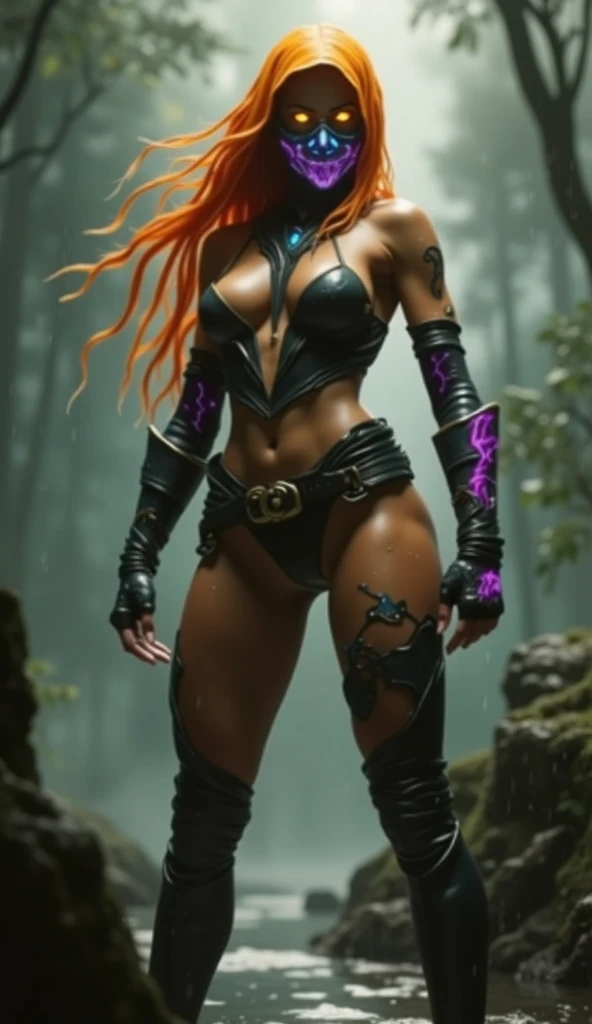 1 girl, (((oni girl))), (((red skin))), horns, white hair, ponytail, fascinated expression, full body portrait, outside, forest, mountains, butterflies, flowery meadow, best quality, (masterpiece),(ultra detailed high quality) (high resolution) aurora atria, bangs, crescent, crescent hair ornament, curled horns, fur trim, grey hair, hair ornament, 2horns 2legs 2arms barefoot bare arms, purple eyes, sheep horns, cape, Sakura flower hair ornament, yellow tiger print BIKINI stockings sleeves