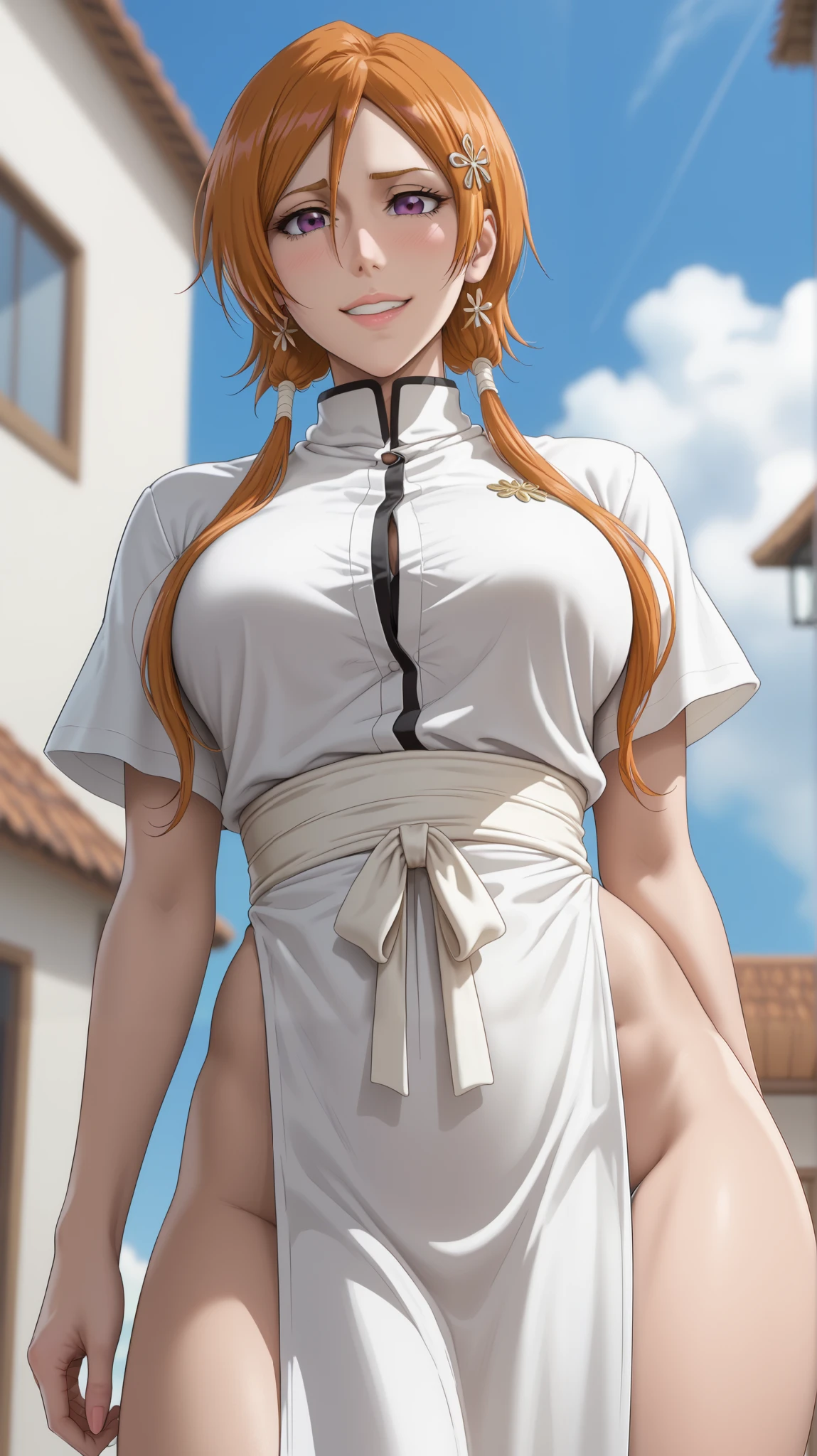 score_9, score_8_arriba, score_7_arriba, score_6_arriba, score_5_arriba, score_4_arriba, source _anime, Orihime Inoue, Rukia Kuchiki, Rukia Kuchiki from Bleach , Label 1, Label2, quality_Masterpiece, Anatomically Correct, Cara hermosa, perfect faces , beautiful and highly detailed faces and eyes, Attractive face, Detailed view, Delicate facial features, detailed skin, breasts, curvilinear, volarribatuous, hips, Body, seductive woman, embarrassed, shy, ojos borrachos, bedroom eyes, short black hair, purple eyes shirt, shoulder-length hair with locks that often hang between her eyes, close-up, from below, low angle view, worm's eye view, roof, looking down, Lower Body, pelvic curtain outfit, side opening, shy, smiling, Orihime Inoue and Rukia Kuchi, 2 chicas looking down, Orihime Inoue long orange hair long orange hair that reaches her waist, She wears her hair with bangs tied behind her ears with hairpins, bleach,