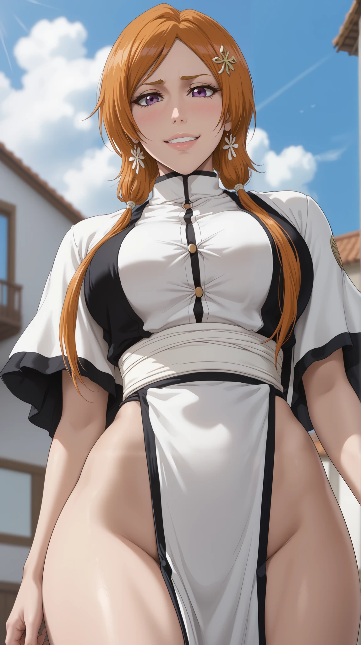 score_9, score_8_arriba, score_7_arriba, score_6_arriba, score_5_arriba, score_4_arriba, source _anime, Orihime Inoue, Rukia Kuchiki, Rukia Kuchiki from Bleach , Label 1, Label2, quality_Masterpiece, Anatomically Correct, Cara hermosa, perfect faces , beautiful and highly detailed faces and eyes, Attractive face, Detailed view, Delicate facial features, detailed skin, breasts, curvilinear, volarribatuous, hips, Body, seductive woman, embarrassed, shy, ojos borrachos, bedroom eyes, short black hair, purple eyes shirt, shoulder-length hair with locks that often hang between her eyes, close-up, from below, low angle view, worm's eye view, roof, looking down, Lower Body, pelvic curtain outfit, side opening, shy, smiling, Orihime Inoue and Rukia Kuchi, 2 chicas looking down, Orihime Inoue long orange hair long orange hair that reaches her waist, She wears her hair with bangs tied behind her ears with hairpins, bleach,