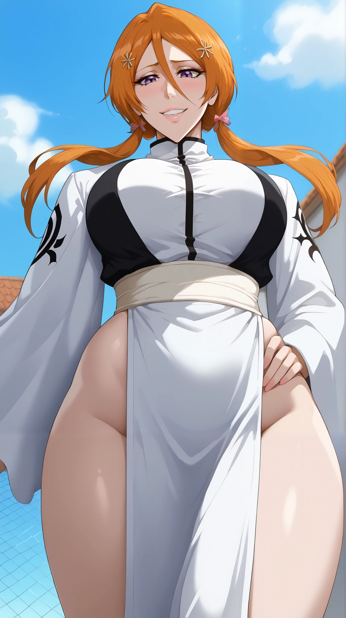 score_9, score_8_arriba, score_7_arriba, score_6_arriba, score_5_arriba, score_4_arriba,   source  _anime, Orihime Inoue, Rukia Kuchiki,  Rukia Kuchiki from Bleach  , Label 1, Label2, quality_Masterpiece, Anatomically Correct, Cara hermosa,  perfect faces , beautiful and highly detailed faces and eyes, Attractive face, Detailed view, Delicate facial features, detailed skin,   breasts, curvilinear, volarribatuous,  hips, Body, seductive woman, embarrassed, shy, ojos borrachos, bedroom eyes, short black hair, purple eyes shirt, shoulder-length hair with locks that often hang between her eyes, close-up, from below, low angle view, worm's eye view, roof, looking down, Lower Body, pelvic curtain outfit, side opening, shy, smiling, Orihime Inoue and Rukia Kuchi, 2 chicas looking down, Orihime Inoue long orange hair long orange hair that reaches her waist, She wears her hair with bangs tied behind her ears with hairpins,  bleach,
