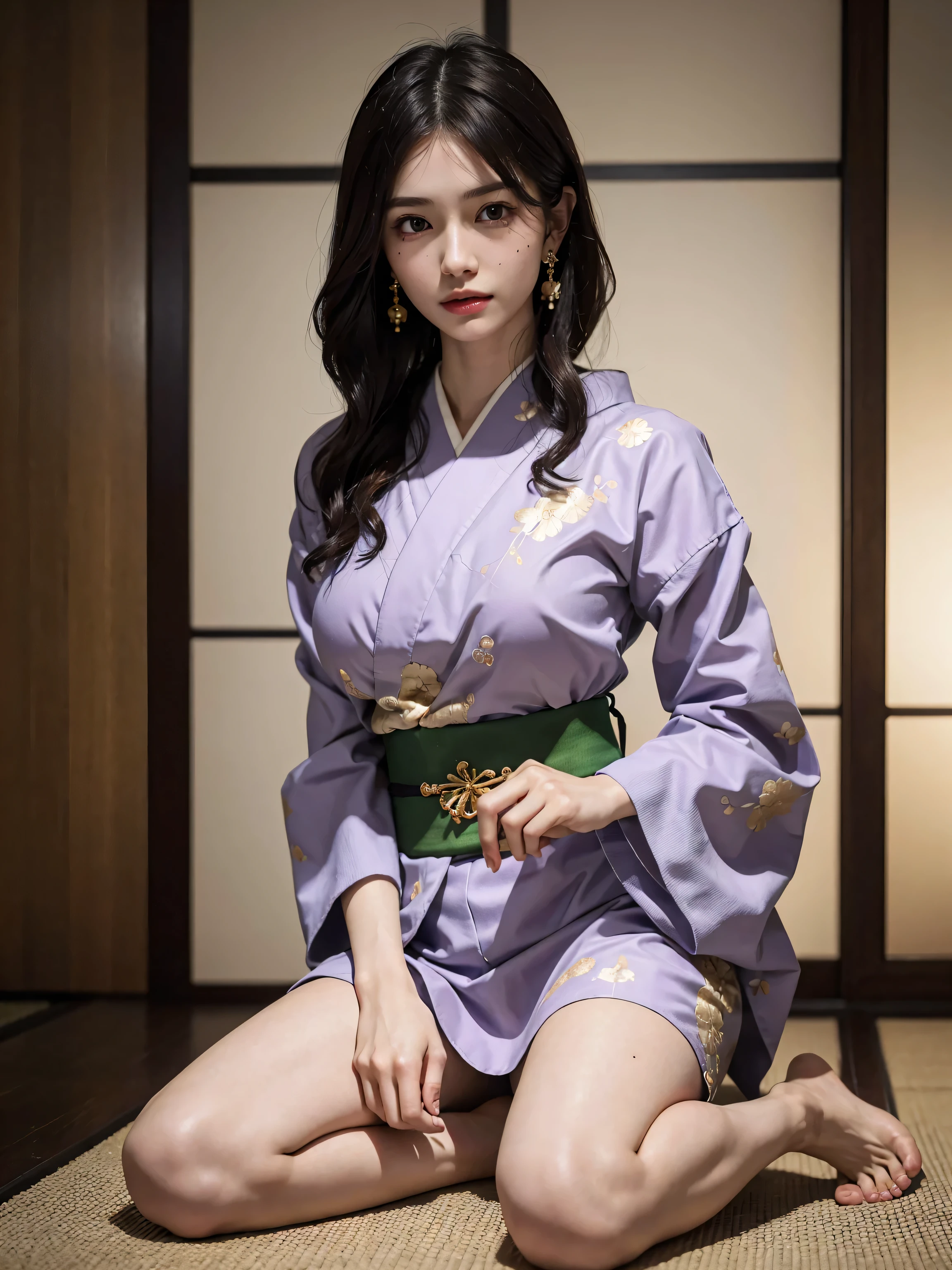 a very beautiful, attractive woman with a slender body,chubby, long purplish red ponytail hair, dark green eyes, wide hips, big bust ,an elegant outfit predominantly purple with gold details. Her look includes a long, low-cut diamond-shaped kimono with intricate patterns.