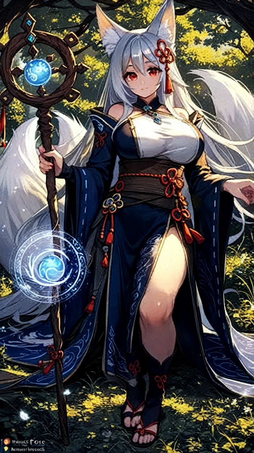 high resolution, kitsune, fox girl, anime, busty, silver white hair and fur, silver fox ears, silver fox tails, mage, spell caster, fantasy mage clothing, full body, , character reference sheet, solo, long hair, sfw, vtuber, beautiful, white background, open eyes, standing, tall,