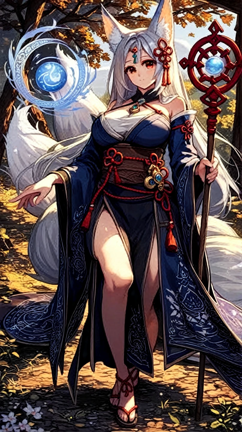 high resolution, kitsune, fox girl, anime, busty, silver white hair and fur, silver fox ears, silver fox tails, mage, spell caster, fantasy mage clothing, full body, , character reference sheet, solo, long hair, sfw, vtuber, beautiful, white background, open eyes, standing, tall,