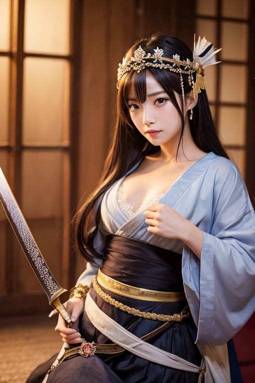1girl, best quality, masterpiece,samurai,armor, large breasts, breasts out, bangs, hair ornament,  soft lighting, sexy, Photograph, background is japanese castle.(masterpiece,best quality,ultra_detailed,highres,absurdres:1.2) <lora:nobunaga:0.5> <lora:JapaneseDollLikeness_v15:0.8> <lora:hairdetailer:0.5>