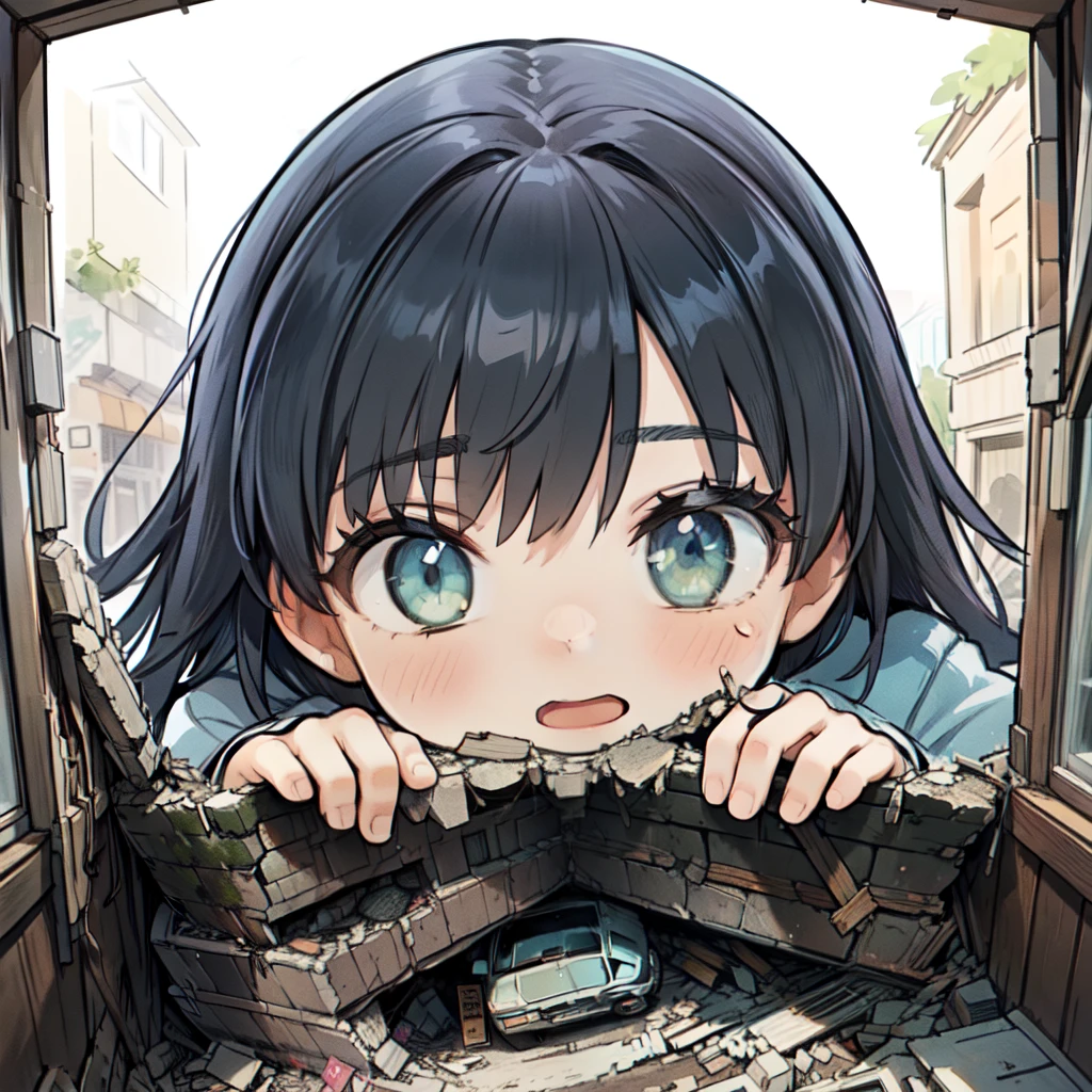 (top quality),(peeking through a gap in the rubble:1.4),(giantess :1.4),(open mouth),(huge breasts),(rubble),(concept art:1.3),,(Close-up:1.1),(Peeking through a gap in the window:1.3)