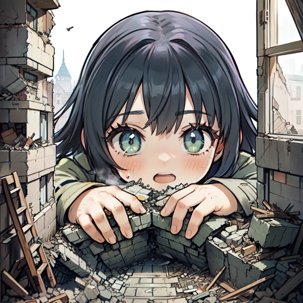(top quality),(peeking through a gap in the rubble:1.4),(giantess :1.4),(open mouth),(huge breasts),(get buried in the rubble),(concept art:1.3),,(Close-up:1.1),(Peeking through a gap in the window:1.3)