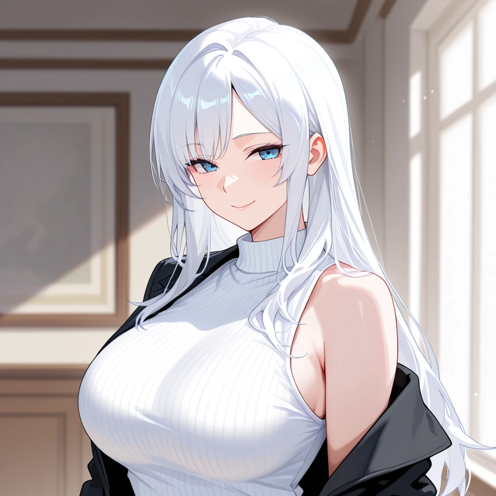 Long white hair, Japanese, gigantic chest, tight clothing, (black leggings:1.2), (white turtleneck:1.6), big thighs, sadistic grin, (Fox girl:1.2), half body, big eyes