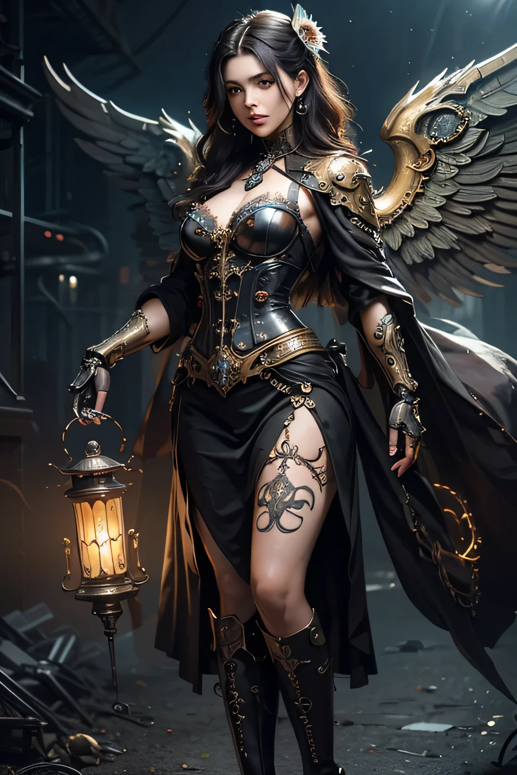 (Best quality,4K,A high resolution,Masterpiece:1.2),Ultra-detailed,(Realistic:1.37) Girl with mechanical parts, fullbody view in image, steampunk wind,Delicate clockwork details,Brass gears and gears,Beautiful and intricate design,(Mechanical wings),Glowing eyes and glowing tattoos,Colorful metal corsets and skirts,Elegant and elegant gesture,Industrial background with smoky atmosphere,Soft warm lighting,Vintage color palette,The human body and mechanical elements are perfectly integrated