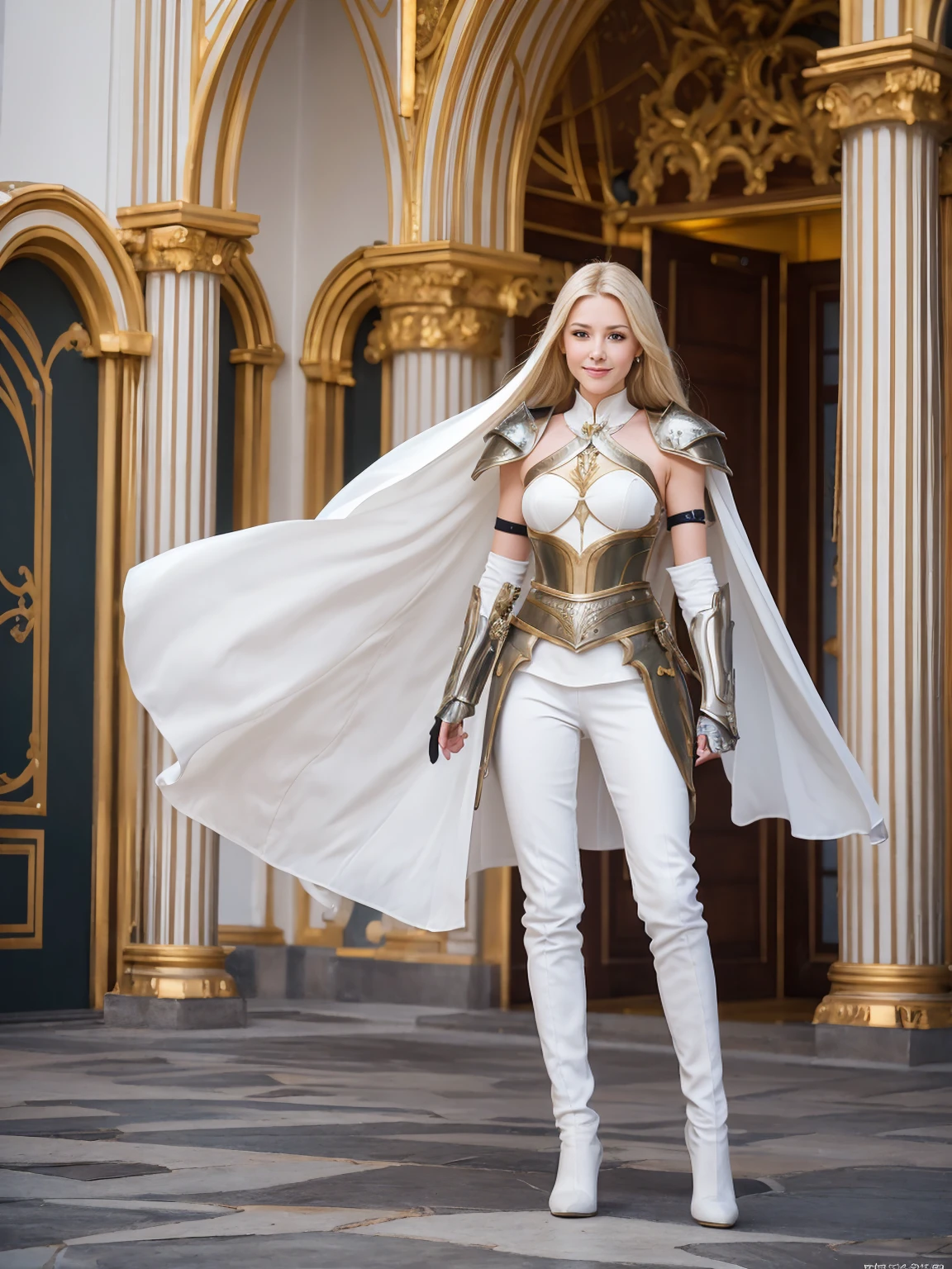 ((Anne Hathaway in ornate gold plate armor)), ((pure white hair)), award winning concept art of tall (1girl) in ornate plate armor, royal, elegant, ((facing camera)), look at camera, eye contact, high long ponytail, dramatic long flowing white hair, model on runway, epic, god rays, centered, (masterpiece:1.2), (best quality:1.2), Amazing, highly detailed, beautiful, finely detail, warm soft color grading, Depth of field, extremely detailed 8k, fine art, stunning, iridescent, shiny, light reflections, crisp, curls, wind, outdoor palace, elegant frontal pose, hyper realism, vibrant, sunlit, edge detection, (white elegant miniskirt ), thigh high boots, knees, long flowing white cape, no panties