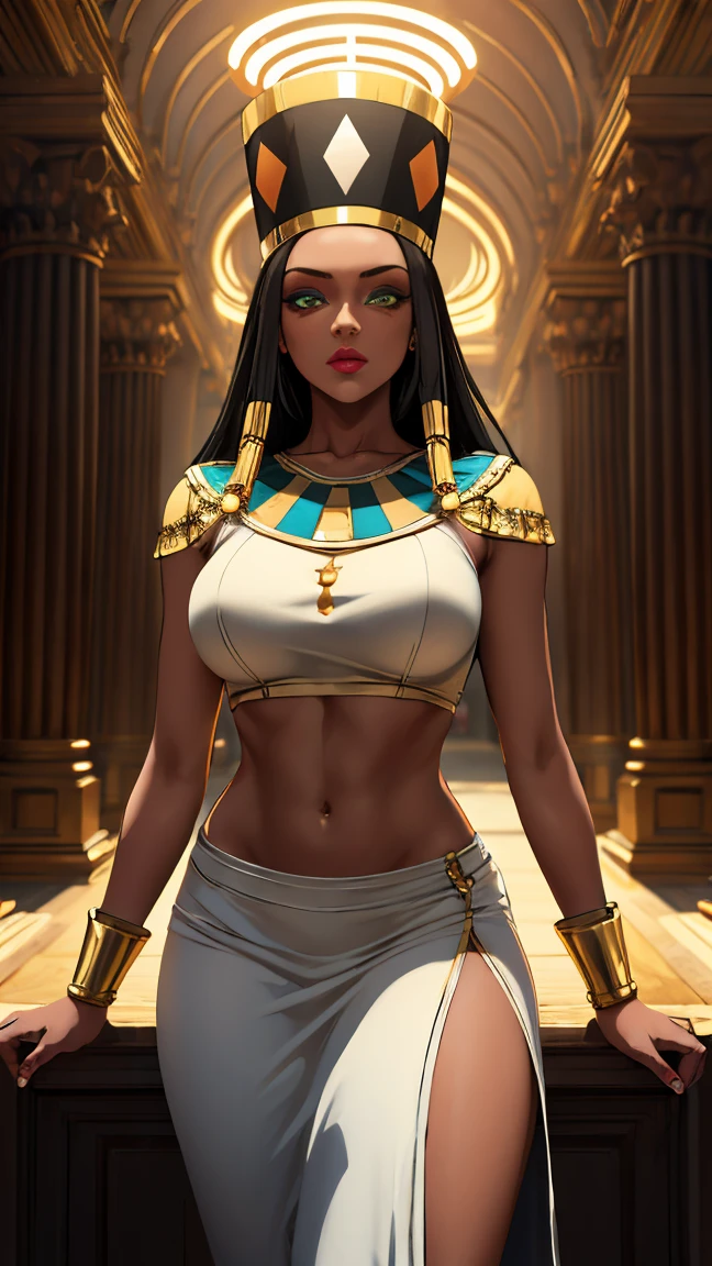Masterpiece, best quality, brilliant details, cinematic lighting, exciting perspective, young pretty woman, beautiful face, perfect eyes, big breasts, narrow waist, wide hips, North African type, flawless skin, textured skin, cinematic pose, black hair, ancient Egyptian pleasure slave, erotic artwork, sexy, Egypt, pharaoh, naked