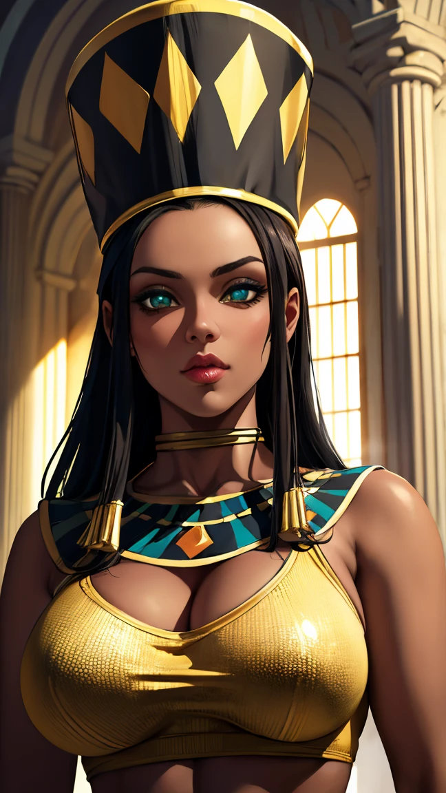 smite_neith, smirk,, (gorgeous, beautiful, enchanting:1.3), Aztec girl, Beautiful woman in Mayan shaman costume, black background, clash royal style characters, clash of clans style, black room background