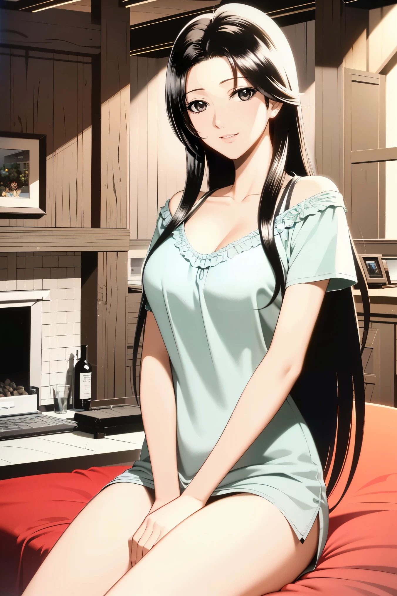1990s\(style\)、1990sアニメセル画 style、best quality to deliver,( big eyes:1.2)、(Big Breasts:1.2),1 woman,Embarrassing Smile,masterpiece,best quality to deliver、adult woman,adult ladie,( 1 woman1.4)、masterpiece、best quality to deliver,masterpiece, best quality to deliver,Viewers, (black hair,long hair,brown eyes,)high definition, (indoor, inside the hut,fireplace),(slender,busty),cleavage,(panty shot,white panty,white string panties),Off Shoulder,knitted sweater with long breasts,super miniskirt,(Blurriest Love Hotel Bedroom Background :1.2),(Tyndall phenomenon:1.2)、( MOST MODERFUL AND ROMANTIC :1.2)、perfect anatomy、(Staring at me with a boring expression :1.2)