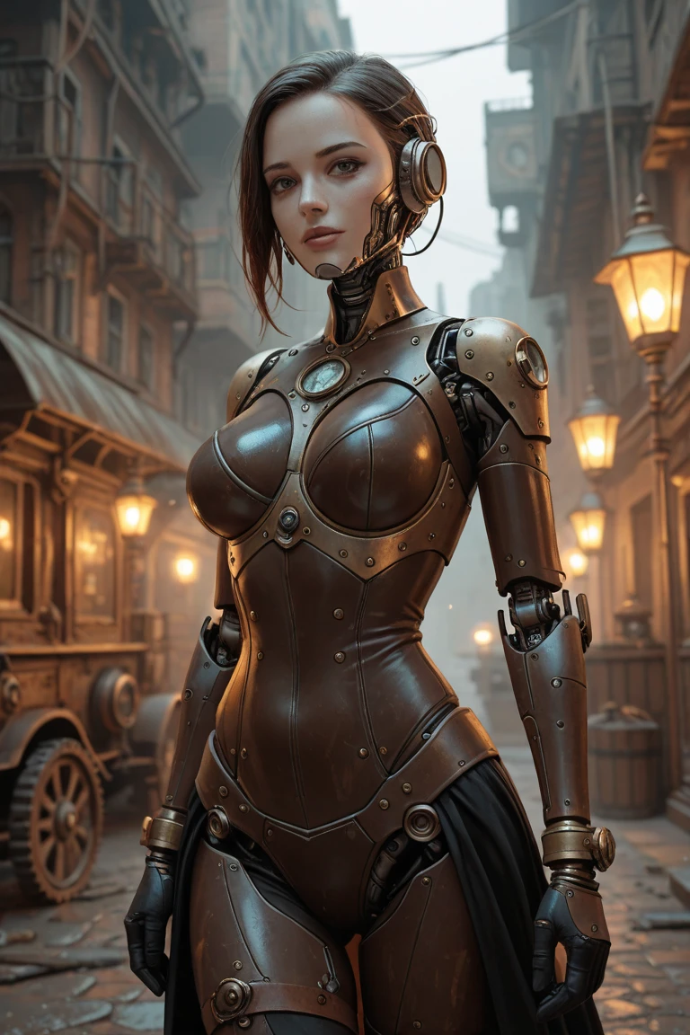 RAW, analogue, award winning steampunk soft oil painting, trending on artstation, sexy android, clockwork robotics, cogs and wires, intricate details, cyborg,  dynamic angle, professional, steampunk city background, moody cinematic lighting,