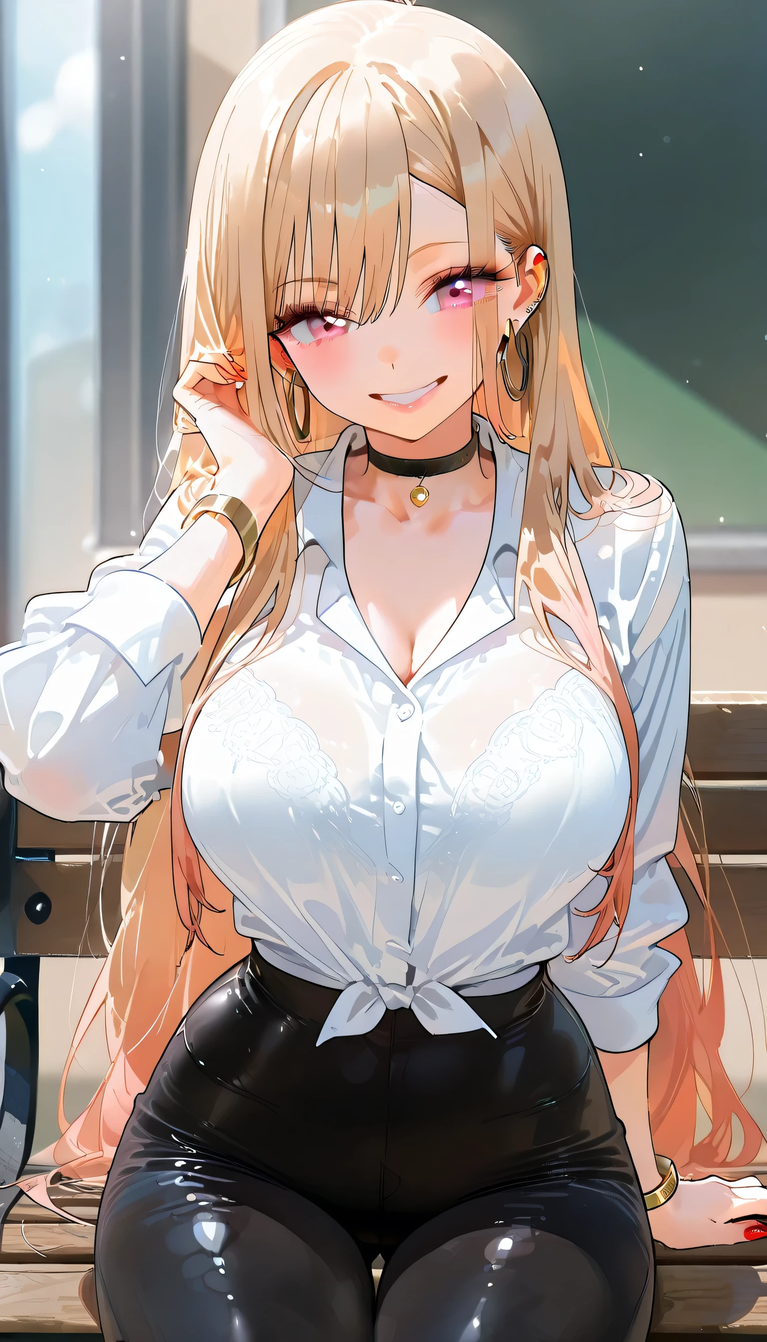 Marin Kitagawa, long blonde hair, pink eyes, big breasts, she has very tight black sports leggings, she is wearing tight leather pants, a sexy white blouse with a neckline but its sleeves are totally tight, hoop earrings, gold bracelets, long red nails, she is sitting on a bench on the seafront, she is smiling widely with one hand