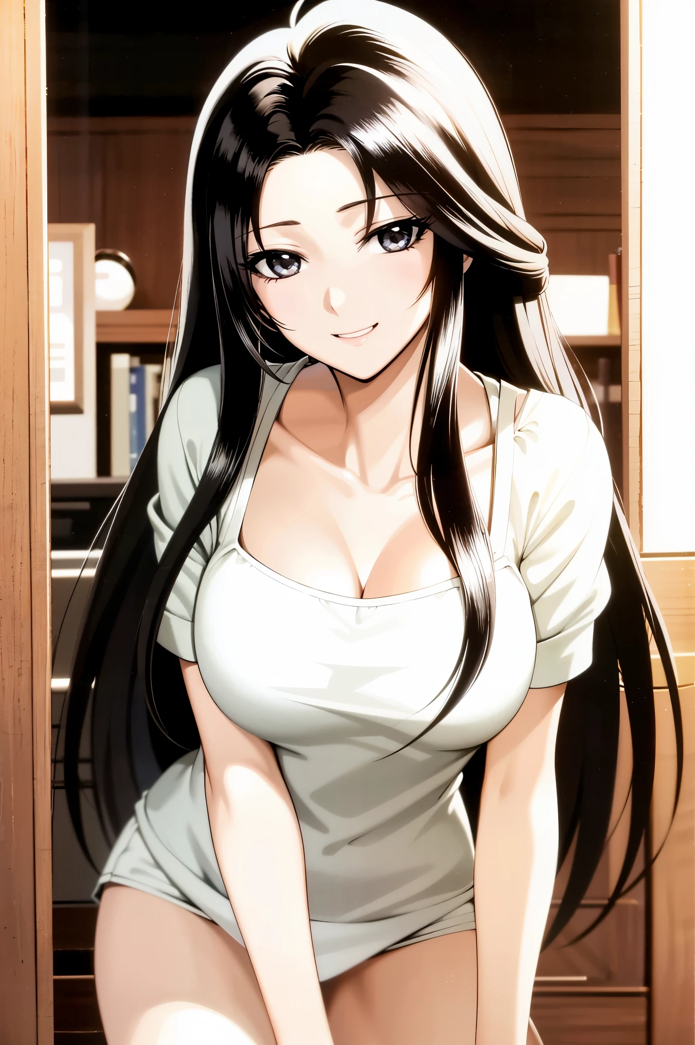 1990s\(style\)、1990sアニメセル画 style、best quality to deliver,( big eyes:1.2)、(Big Breasts:1.2),1 woman,Embarrassing Smile,masterpiece,best quality to deliver、adult woman,adult ladie,( 1 woman1.4)、masterpiece、best quality to deliver,masterpiece, best quality to deliver,Viewers, (black hair,long hair,brown eyes,)high definition, (indoor, inside the hut,fireplace),(slender,busty),cleavage,(panty shot,white panty,white string panties),Off Shoulder,knitted sweater with long breasts,super miniskirt,open legs,(Blurriest Love Hotel Bedroom Background :1.2),(Tyndall phenomenon:1.2)、( MOST MODERFUL AND ROMANTIC :1.2)、perfect anatomy、(Staring at me with a boring expression :1.2)
