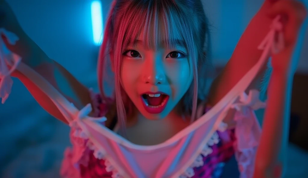 Best Quality, ultra-detailliert, absolutely resolution,((8years old))、((Children's body shape))、(Round face)、Twin-tailed、Red ribbons、round cheeks、looking at the viewers、、realisitic、1人、a small face、、cowboy shot、Narrow and cramped room、Camisole、、Japan's Red Light District、((Prostitutes))、(deep in the night)、(dark ilumination),From above:1.4