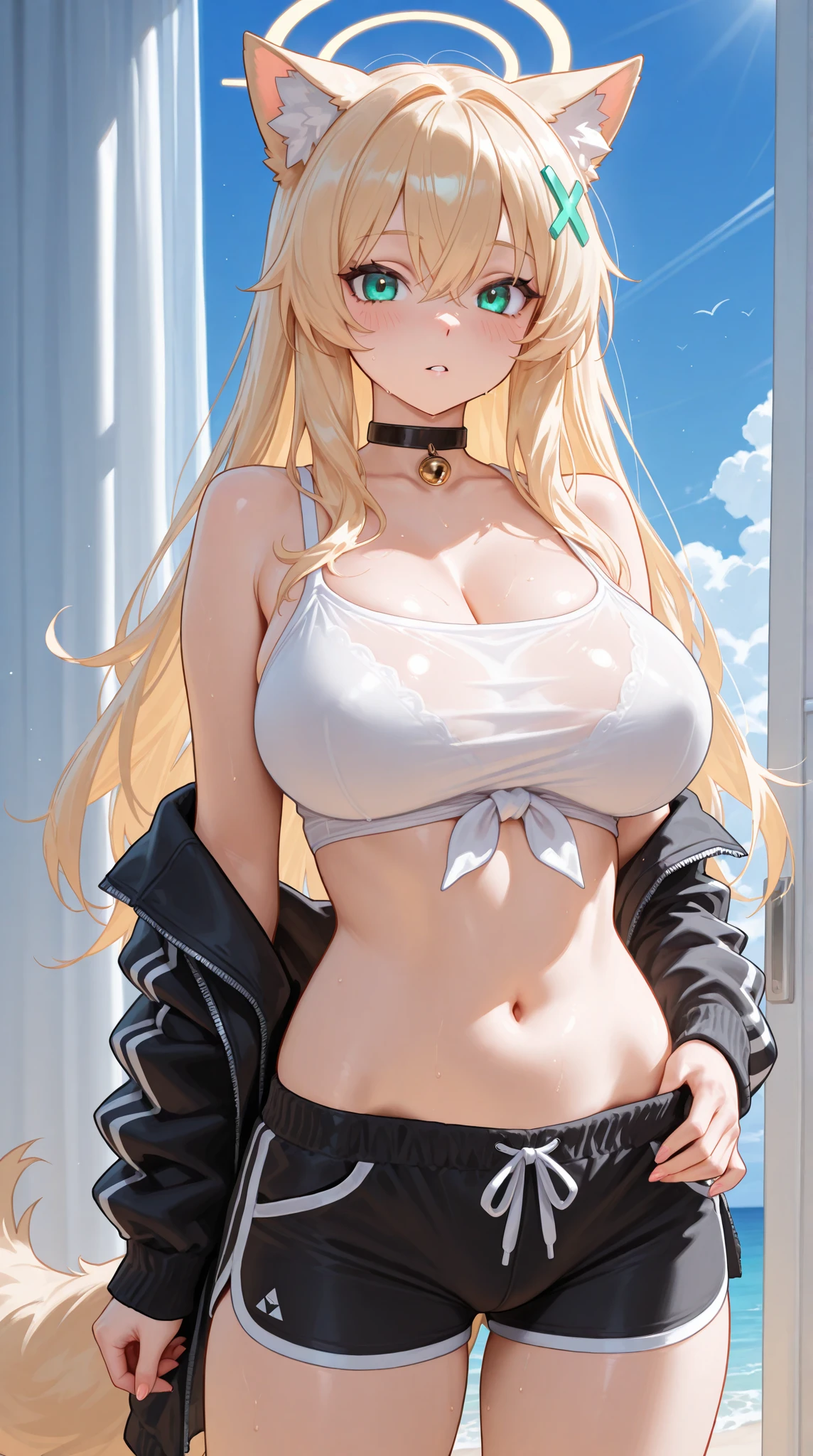 1 girl, leaning against the wall, big breasts, alone, white pants, white cutting top, long hair, navel, red eyes, off the shoulder, Choker, smile, jewelry, Looking at Viewer, Earrings, blonde hair, cleavage, smile , diaphragm, bare shoulders, clavicle, sleeves, stand,