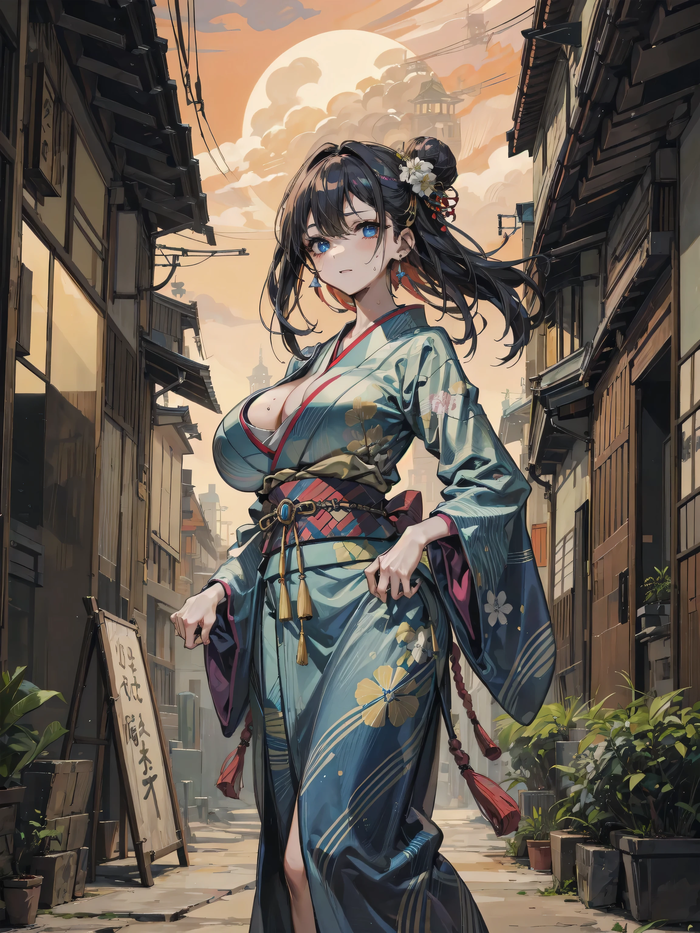 ((Superbly detailed drawing, ultra detailed, exquisite quality, absolutely resolution)), (anime moe art style:1.5), (((Edo Town Girl))), ((huge breasts)), super detailed skin, super delicate beautiful face, (backlighting, particle effect, caustics), (sharp focus), ((full body)),