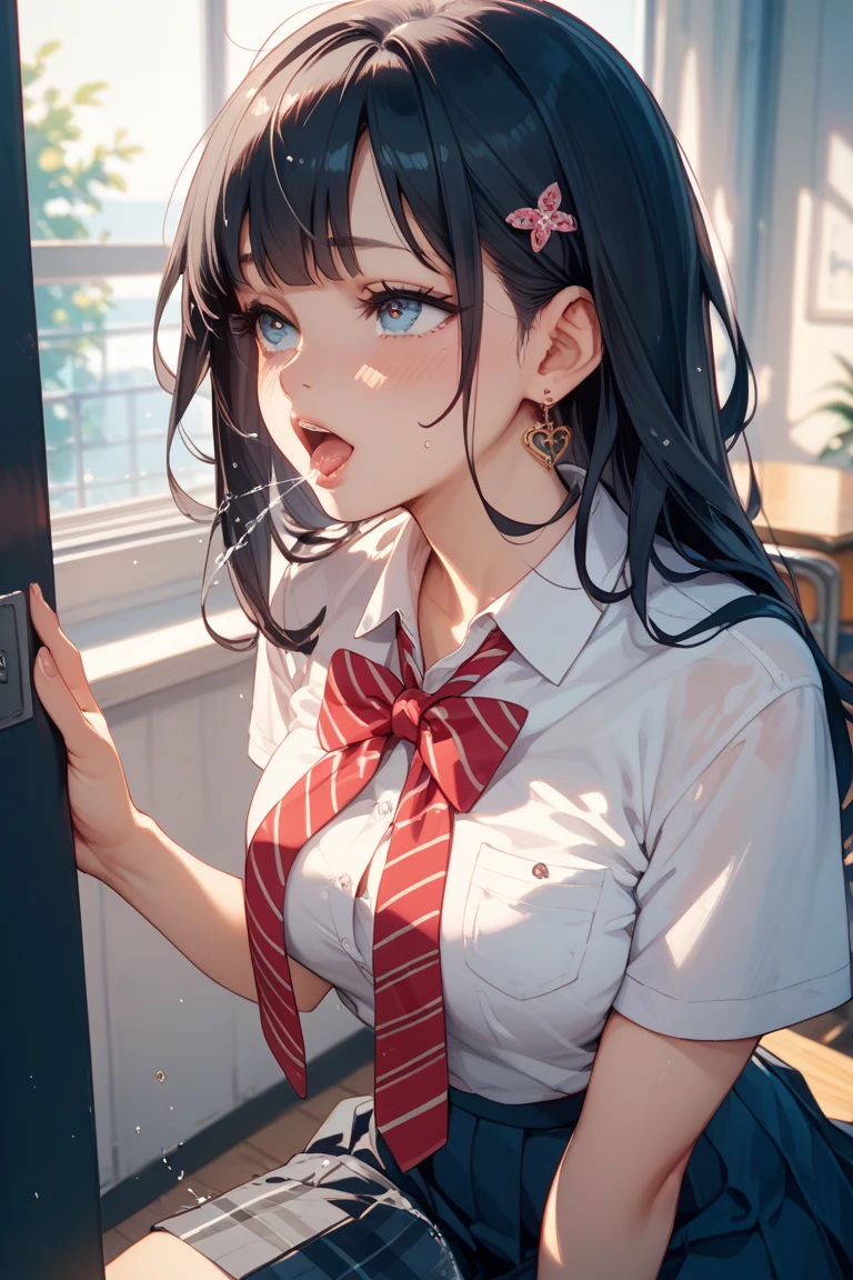 uniform、Club room、Baseball club、ponytail、orgasm:1.5、Ahegao:1.5、Window Glass、School classroom、Surrounded by men、Side view,Cum on hair,Lower body of man in front of female face、A woman is sitting sideways、On my knees、Kneeling posture、