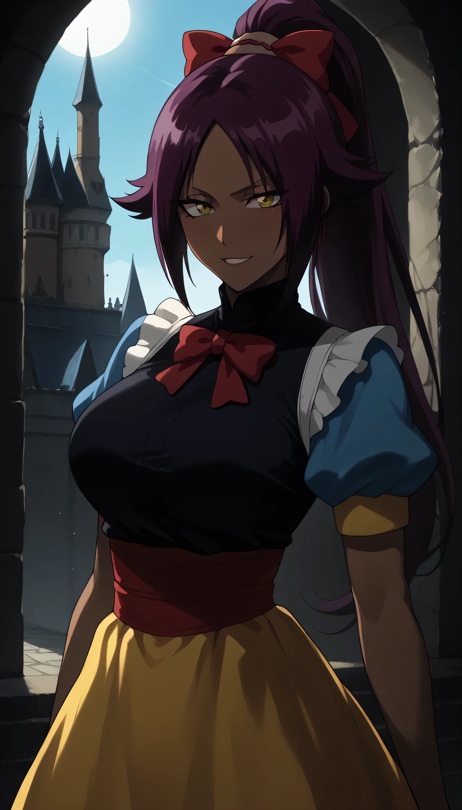 snow white cosplay, snow white (disney) (cosplay), cosplay, dress, hair bow, puff and slash sleeves, puffy short sleeves, puffy sleeves, red bow, short sleeves, skirt, yellow skirt,,huge breast,Give your images flat even illumination (negative) or dramatic chiaroscuro lighting (positive,seductive smile,castle,yoruichi shihouin, long hair, yellow eyes, ponytail, purple hair, dark skin, dark-skinned female,