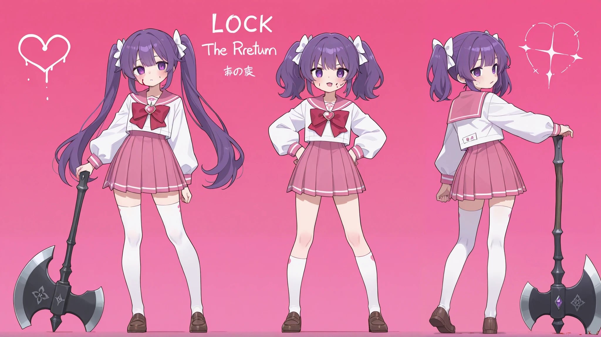 one girl。full body standing picture。the magical girl has a weapon with an axe motif。Very large axe 。Composition showing the entirety of an axe。The handle part of the axe is pink。the tip of the axe is frighteningly large。The magical girl's costume has a pink sailor suit as a motif。pleated skirt。hair with wide open eyes is purple straight twin tails、Bangs are tight because they are heavy、Purple eyes、no expression、Lots of return blood on the face and clothes、He's brandishing an axe at a monster。