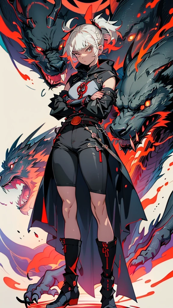 half dragon female with grey skin, with black hair pigtails style, with pink streaks, sharp teeth, biker outfit, dragon tail and dragon horns