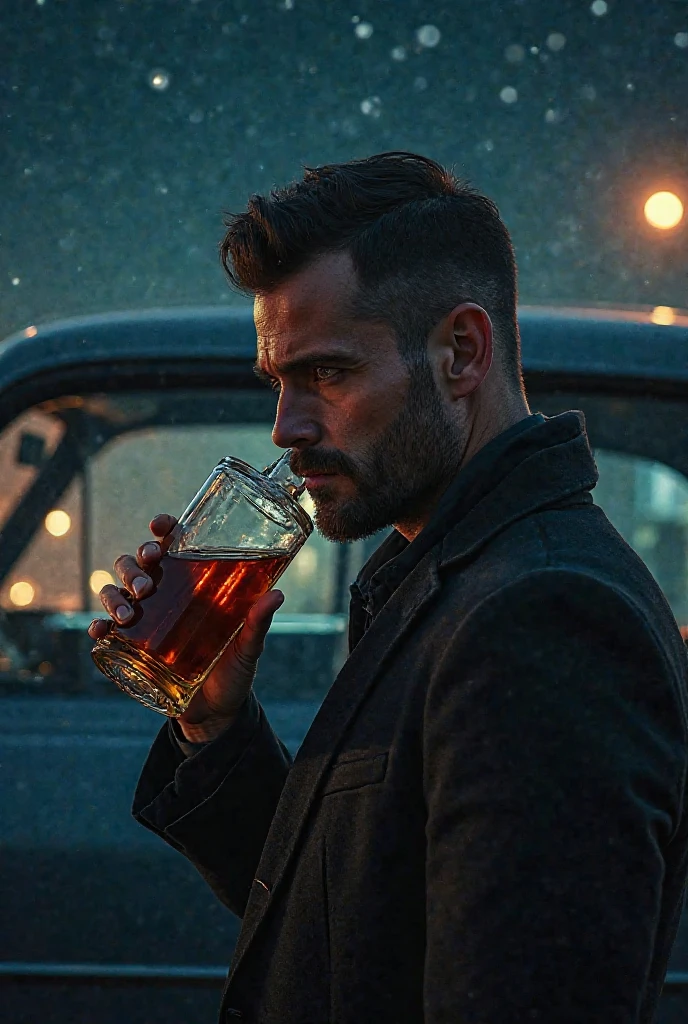 (8k, RAW photo, highest quality),(epic realistic:1.5), 1boy, tough looking guy, handsome man, chiselled jaw, giga chad, caucasian, slick back hair, (smirk), grin, ((bright red eyes)), photorealistic, (evil look), business suit, lovecraft, holding a glass, 1900s, intricate details,cinematic, dark studio,(hdr:1.5),detailed, looking at viewer
